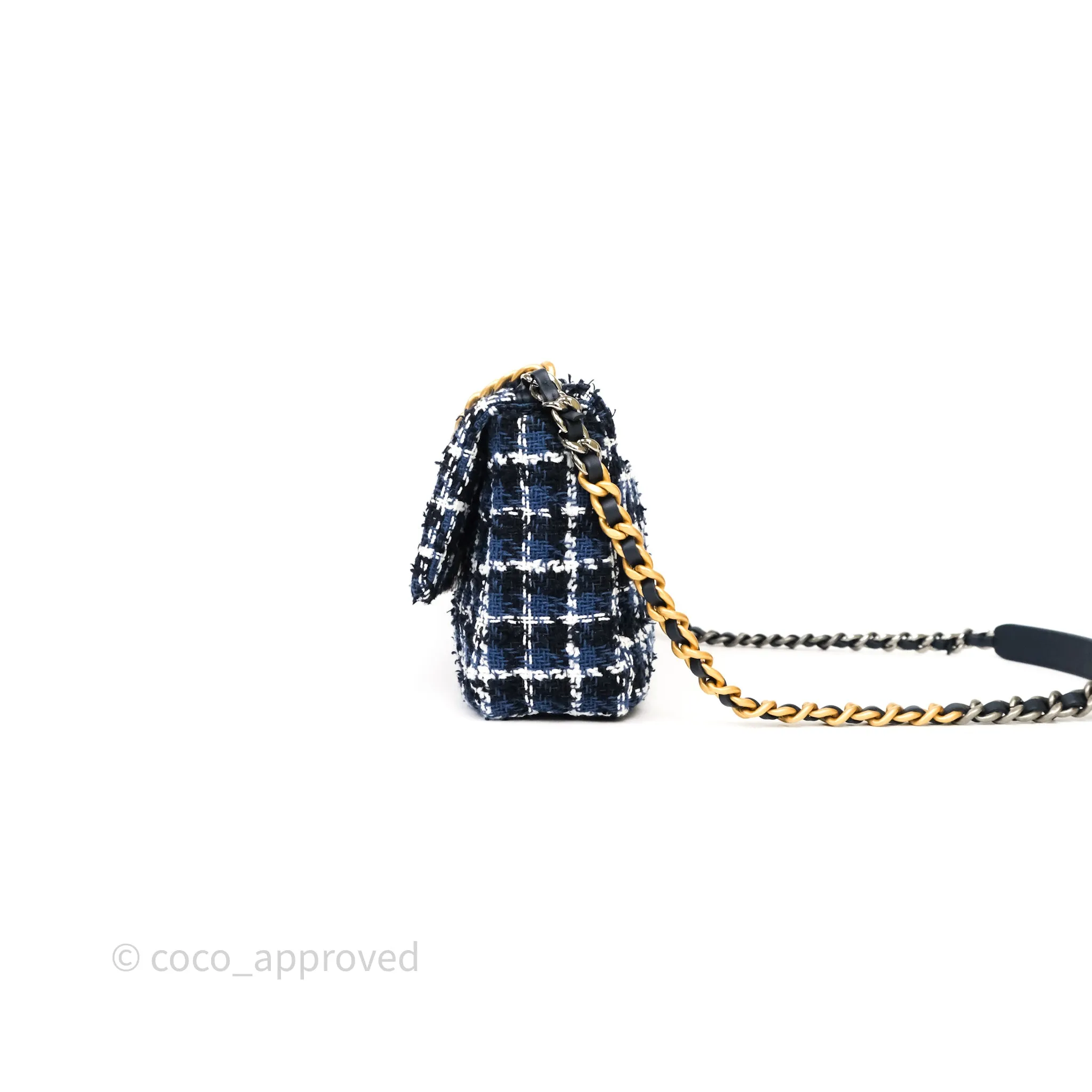 Chanel 19 Small Blue White Black Grid Tweed Mixed Hardware
