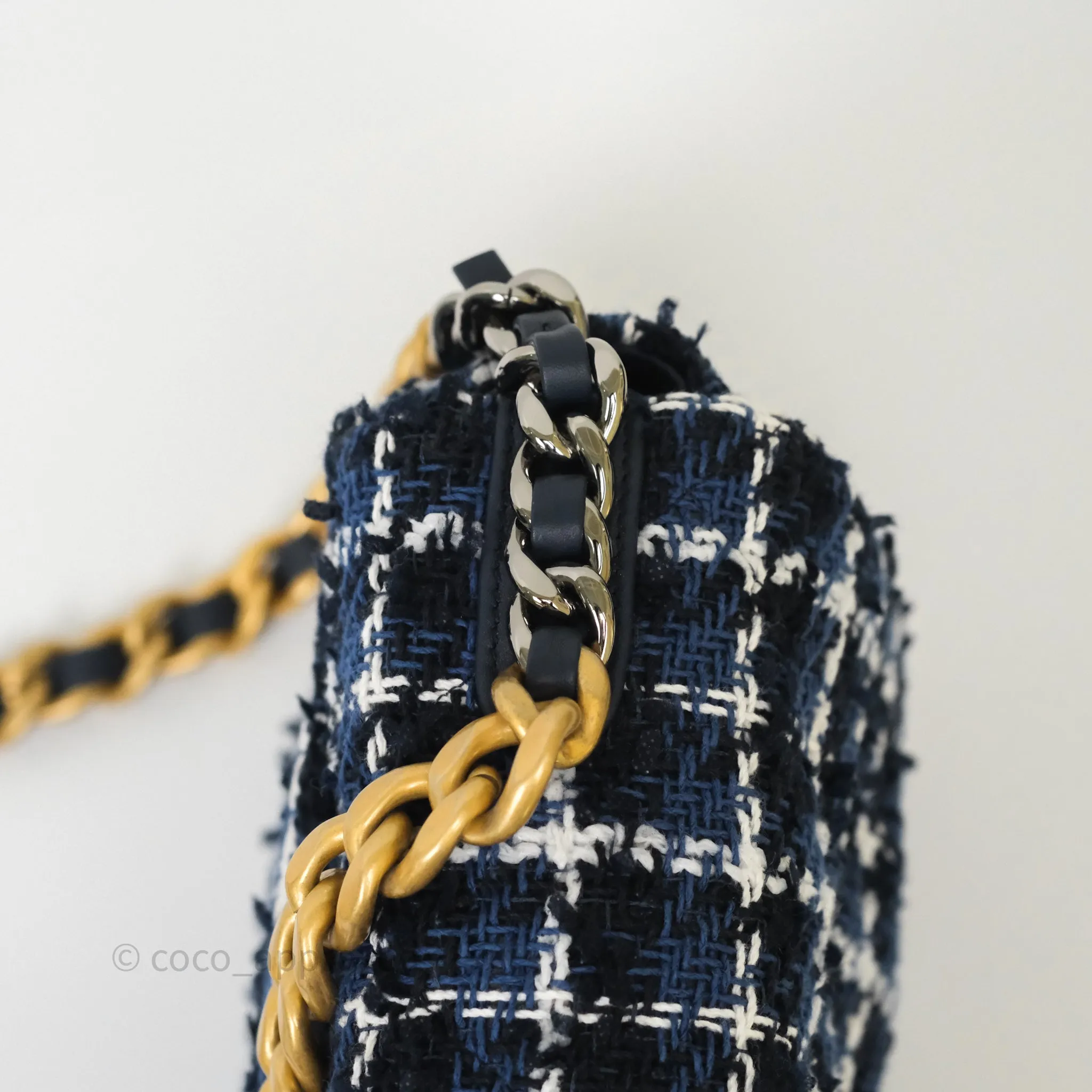Chanel 19 Small Blue White Black Grid Tweed Mixed Hardware