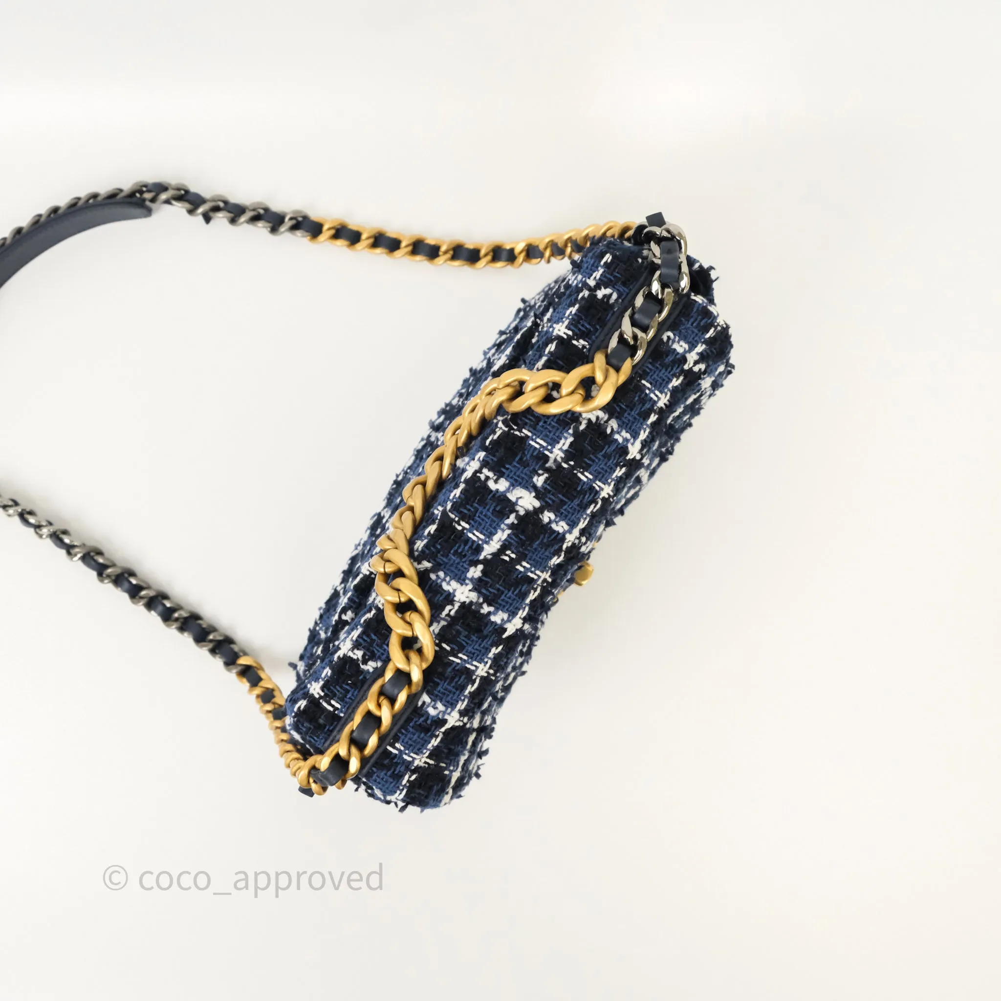 Chanel 19 Small Blue White Black Grid Tweed Mixed Hardware