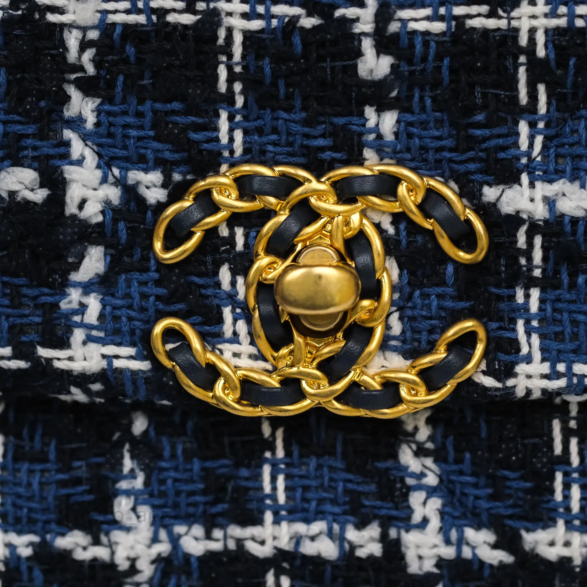 Chanel 19 Small Blue White Black Grid Tweed Mixed Hardware