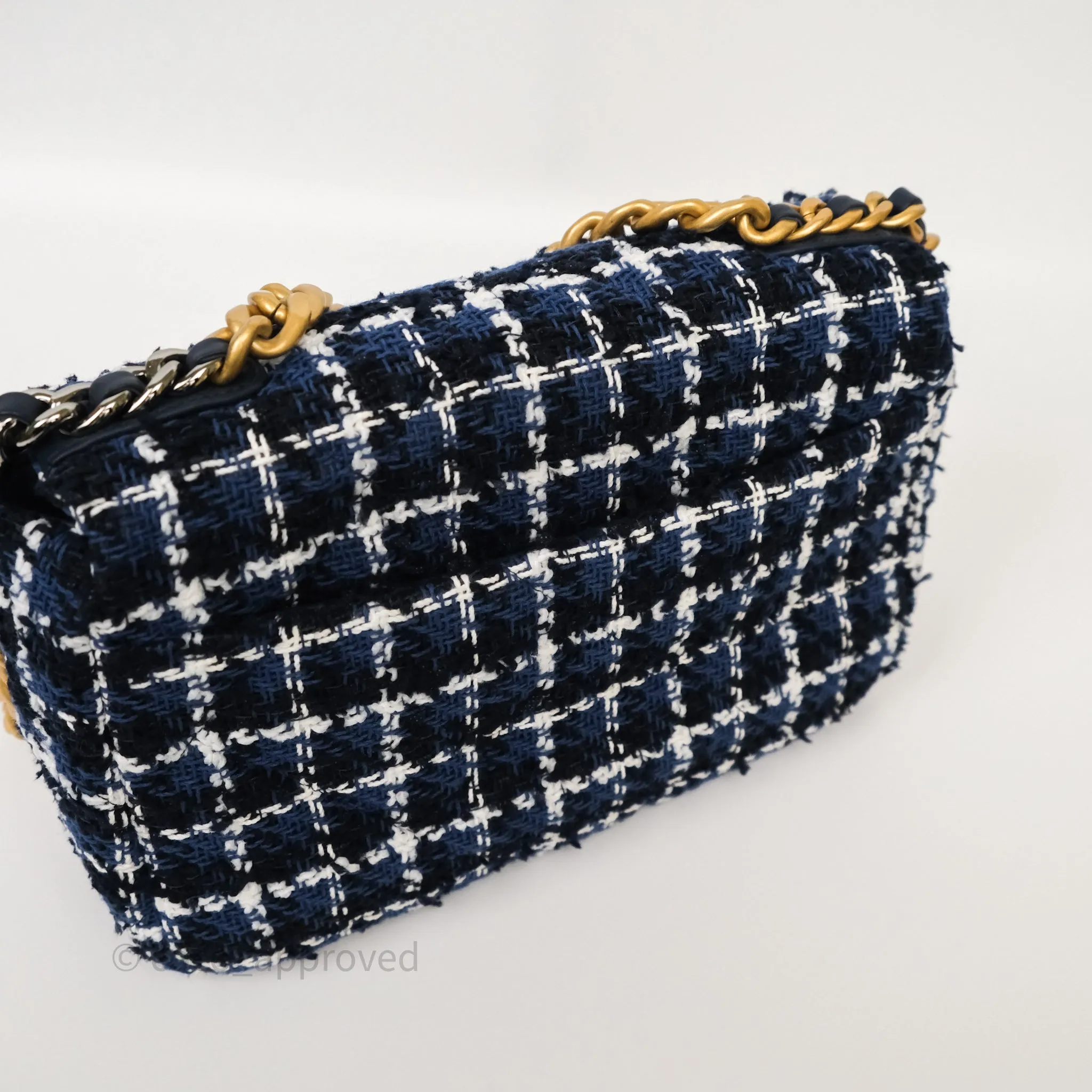 Chanel 19 Small Blue White Black Grid Tweed Mixed Hardware