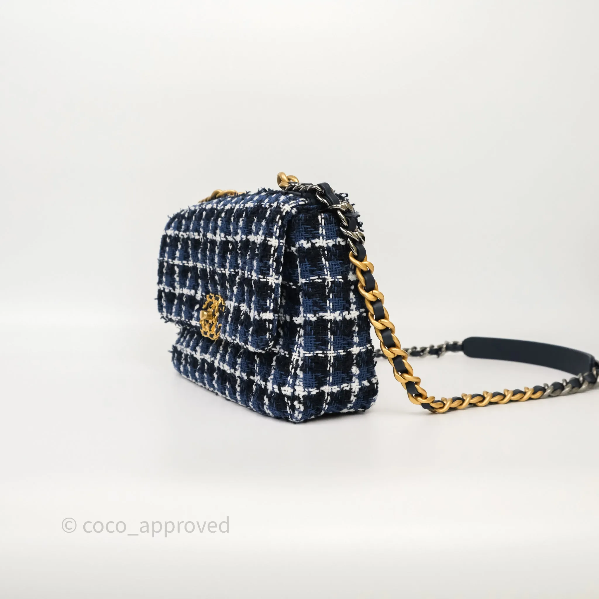 Chanel 19 Small Blue White Black Grid Tweed Mixed Hardware