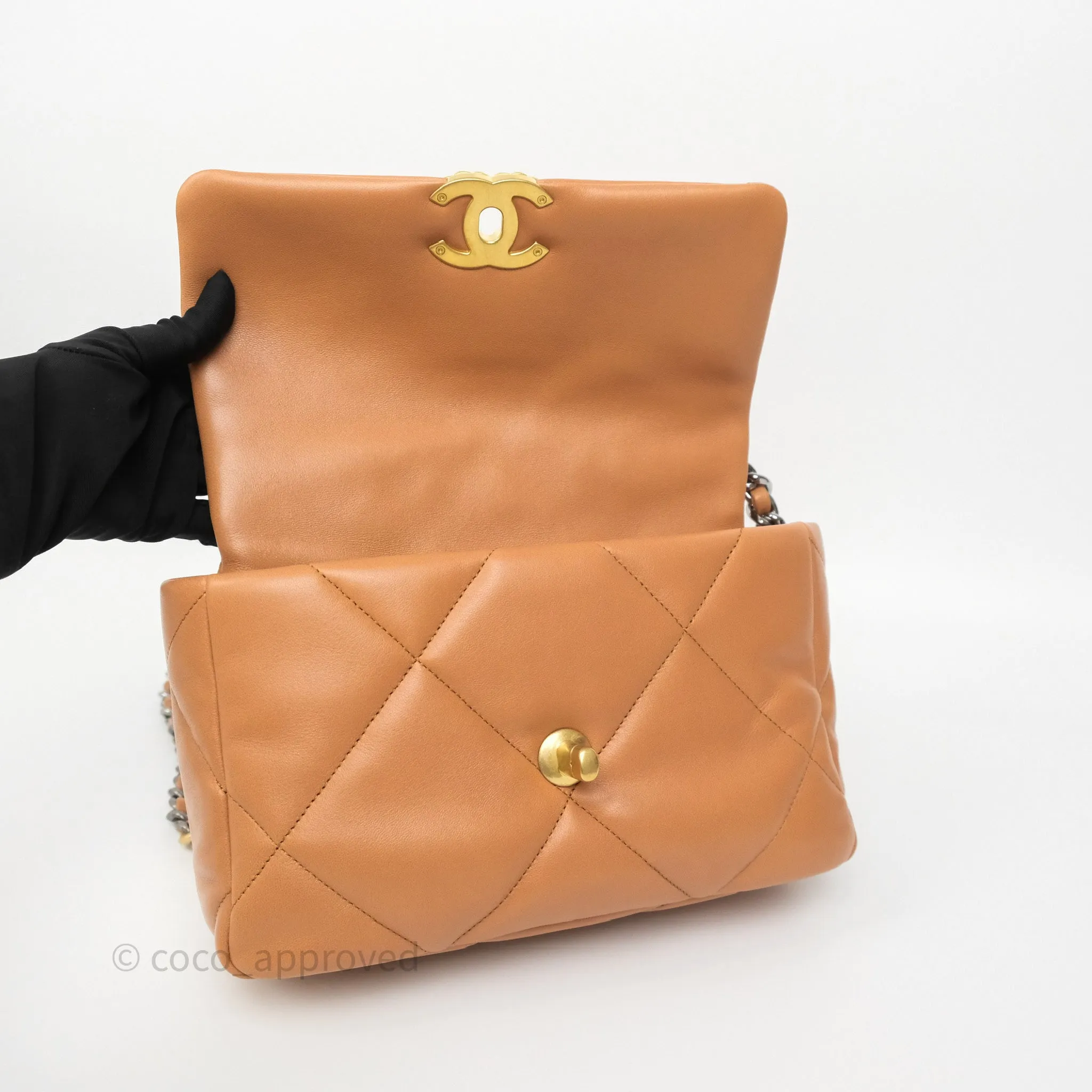 Chanel 19 Small Caramel Dark Beige Brown Mixed Hardware