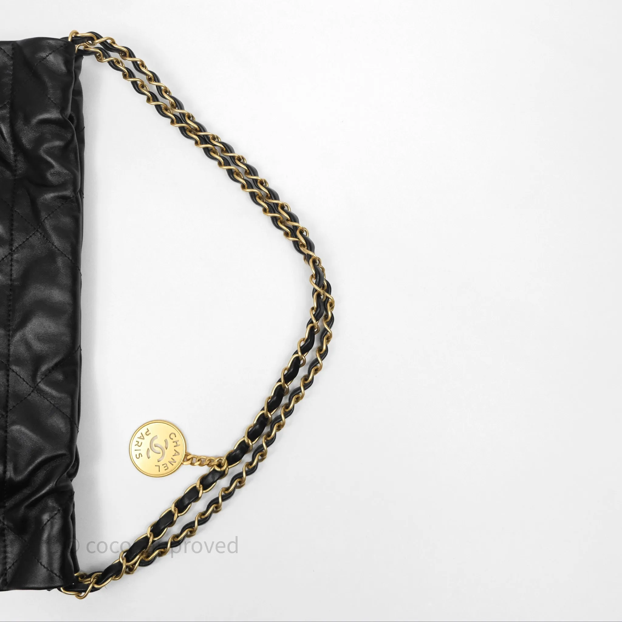 Chanel 22 Bag Small Black Crumpled Calfskin Aged Gold Hardware