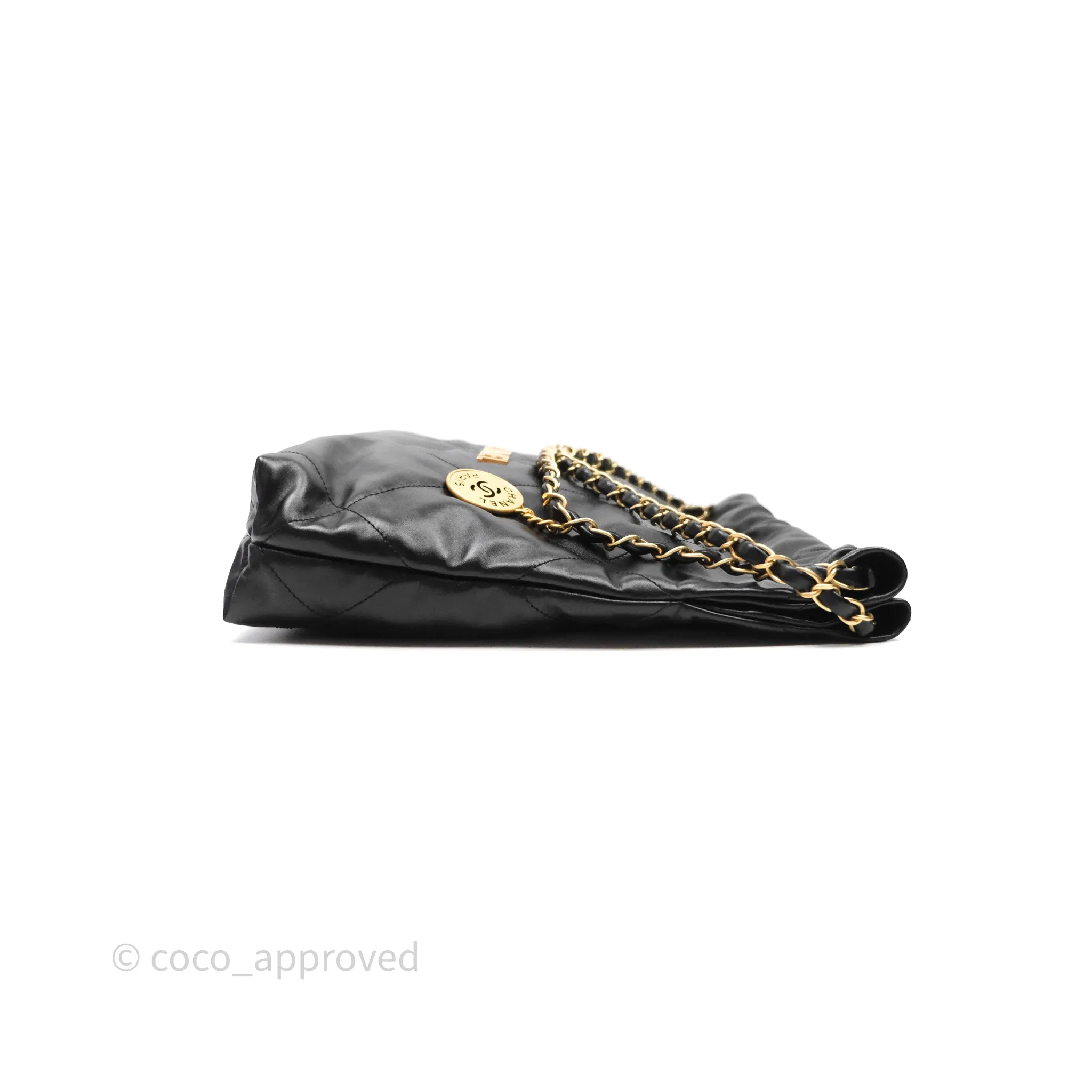 Chanel 22 Bag Small Black Crumpled Calfskin Aged Gold Hardware