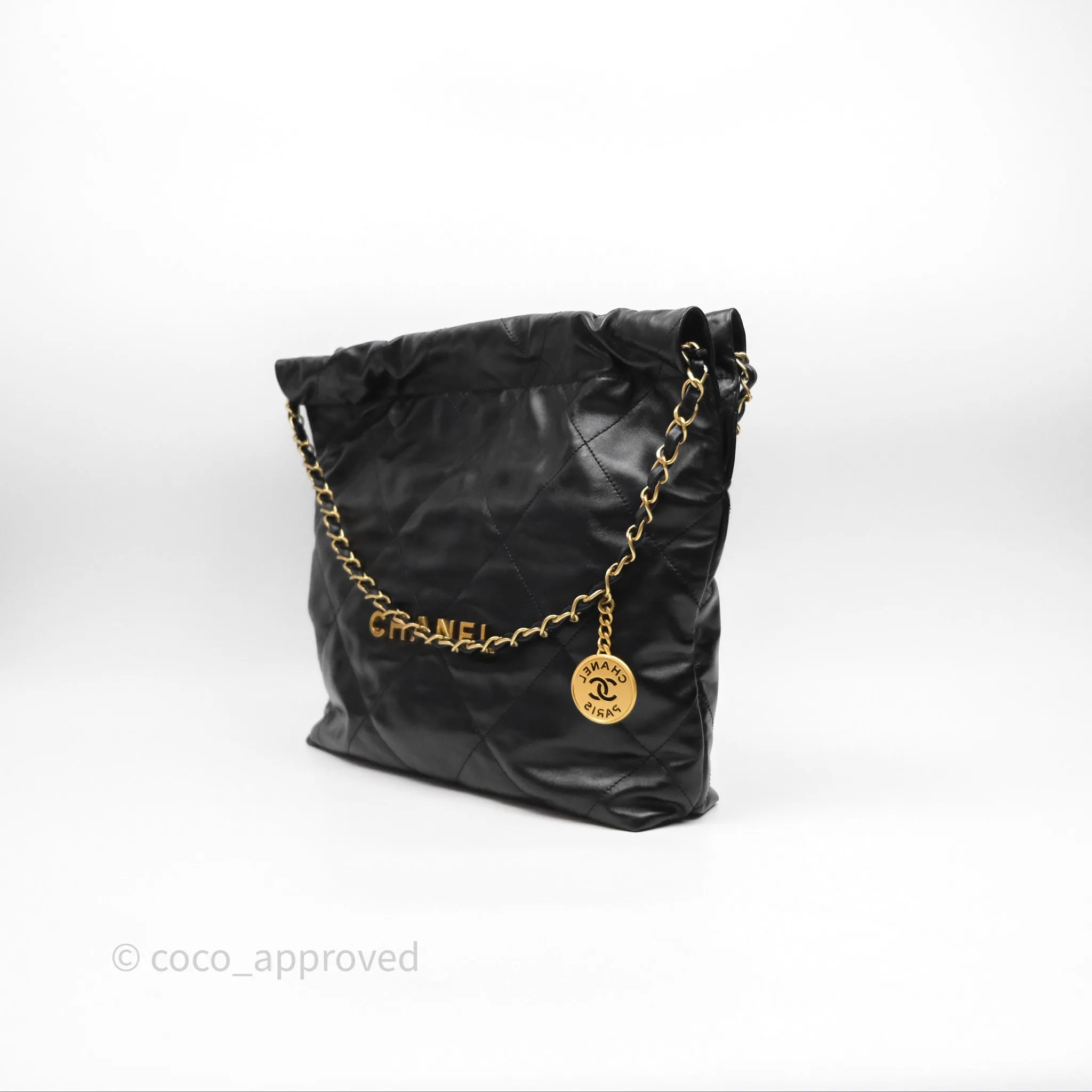 Chanel 22 Bag Small Black Crumpled Calfskin Aged Gold Hardware