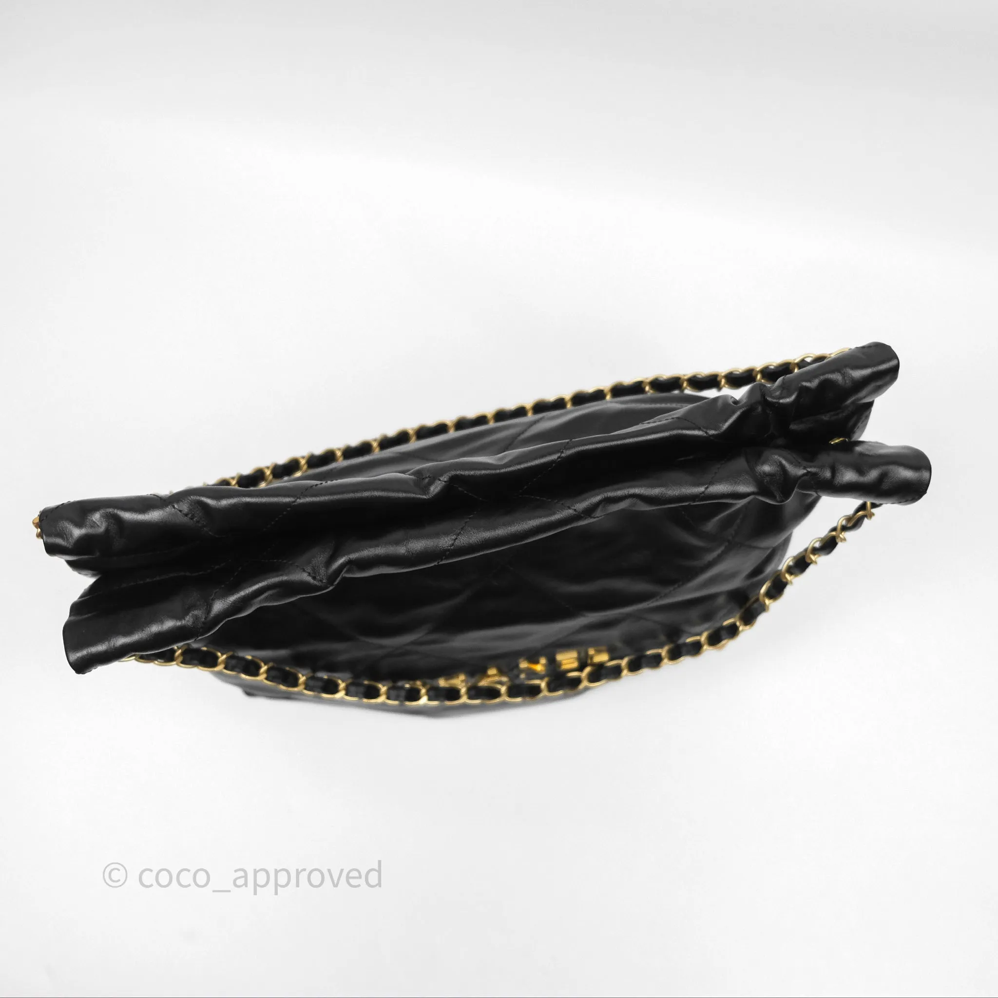 Chanel 22 Bag Small Black Crumpled Calfskin Aged Gold Hardware