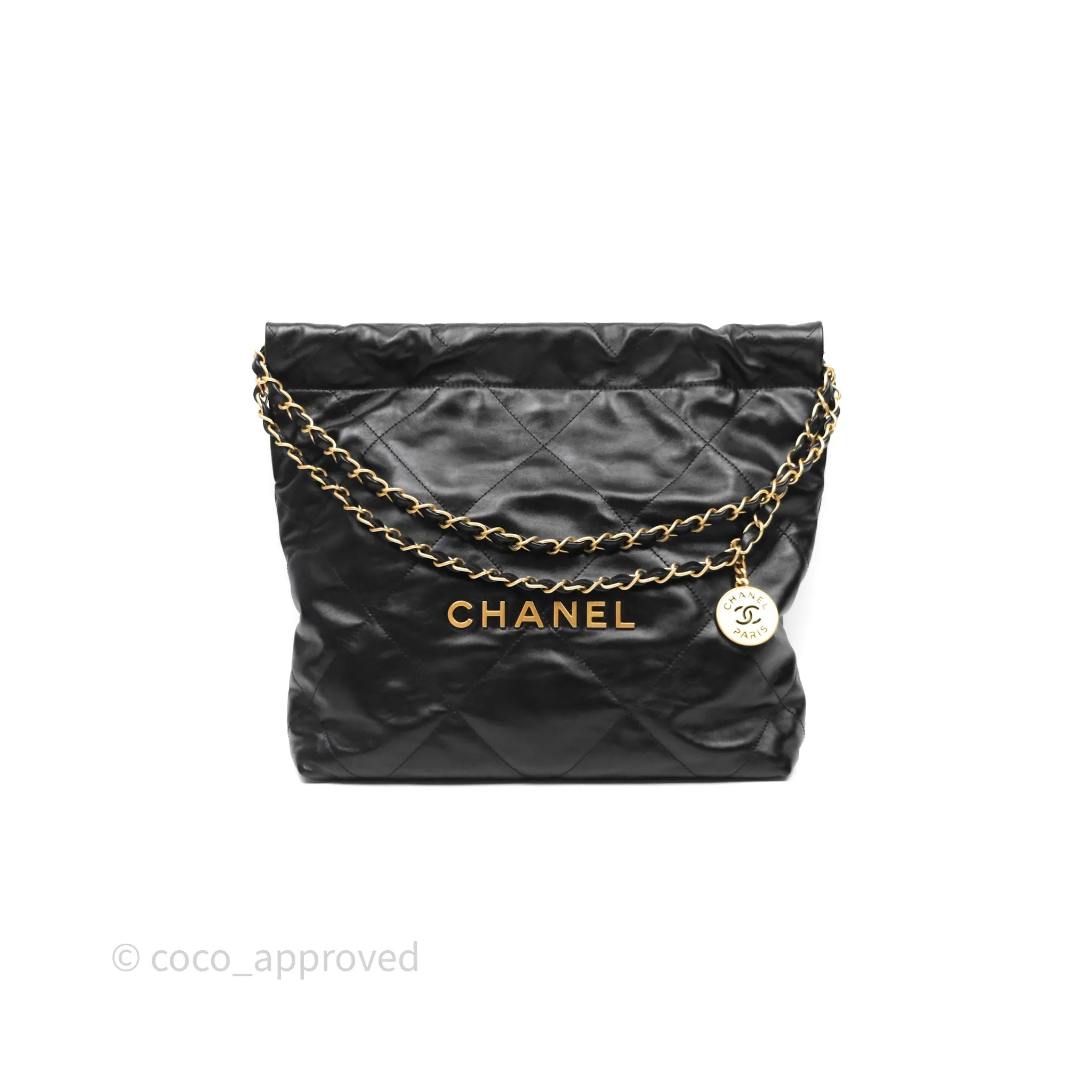 Chanel 22 Bag Small Black Crumpled Calfskin Aged Gold Hardware