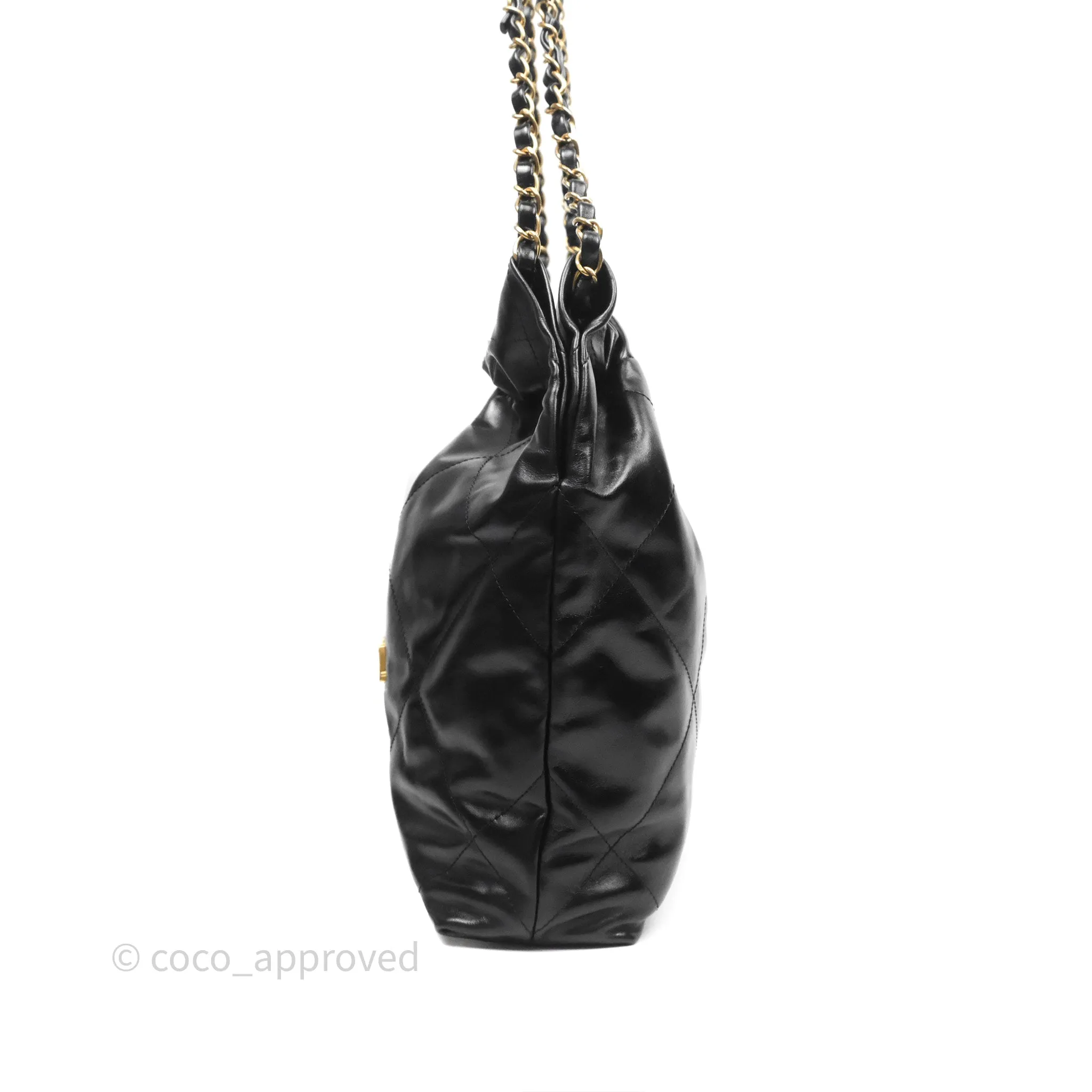 Chanel 22 Bag Small Black Shiny Calfskin Aged Gold Hardware