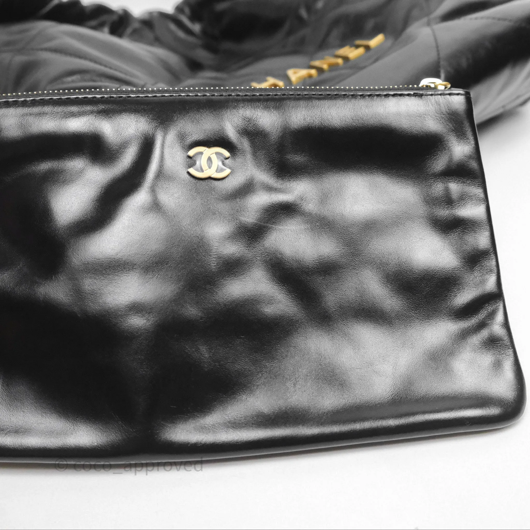 Chanel 22 Bag Small Black Shiny Calfskin Aged Gold Hardware
