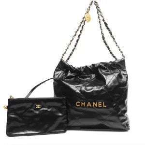 Chanel 22 Bag Small Black Shiny Calfskin Aged Gold Hardware