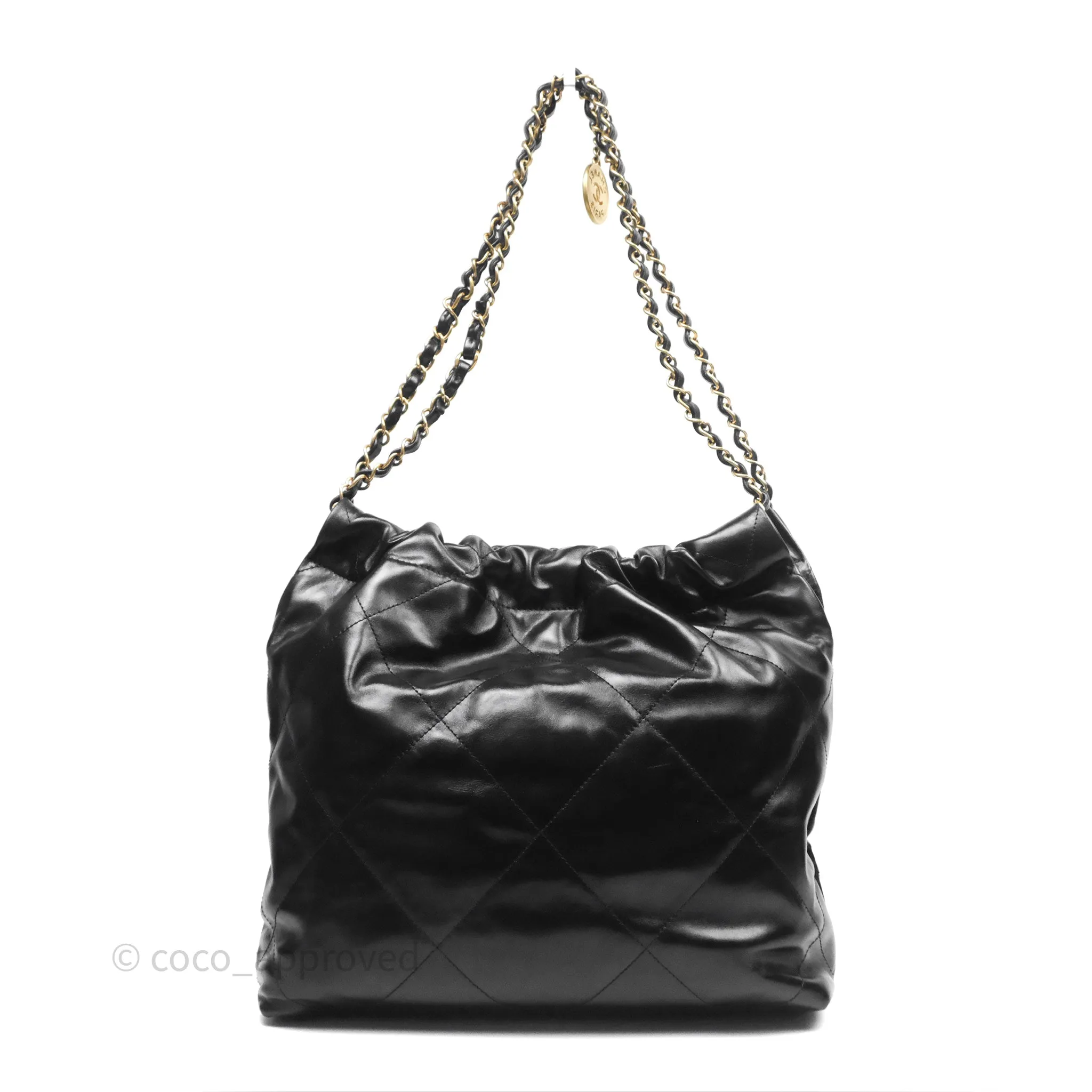 Chanel 22 Bag Small Black Shiny Calfskin Aged Gold Hardware