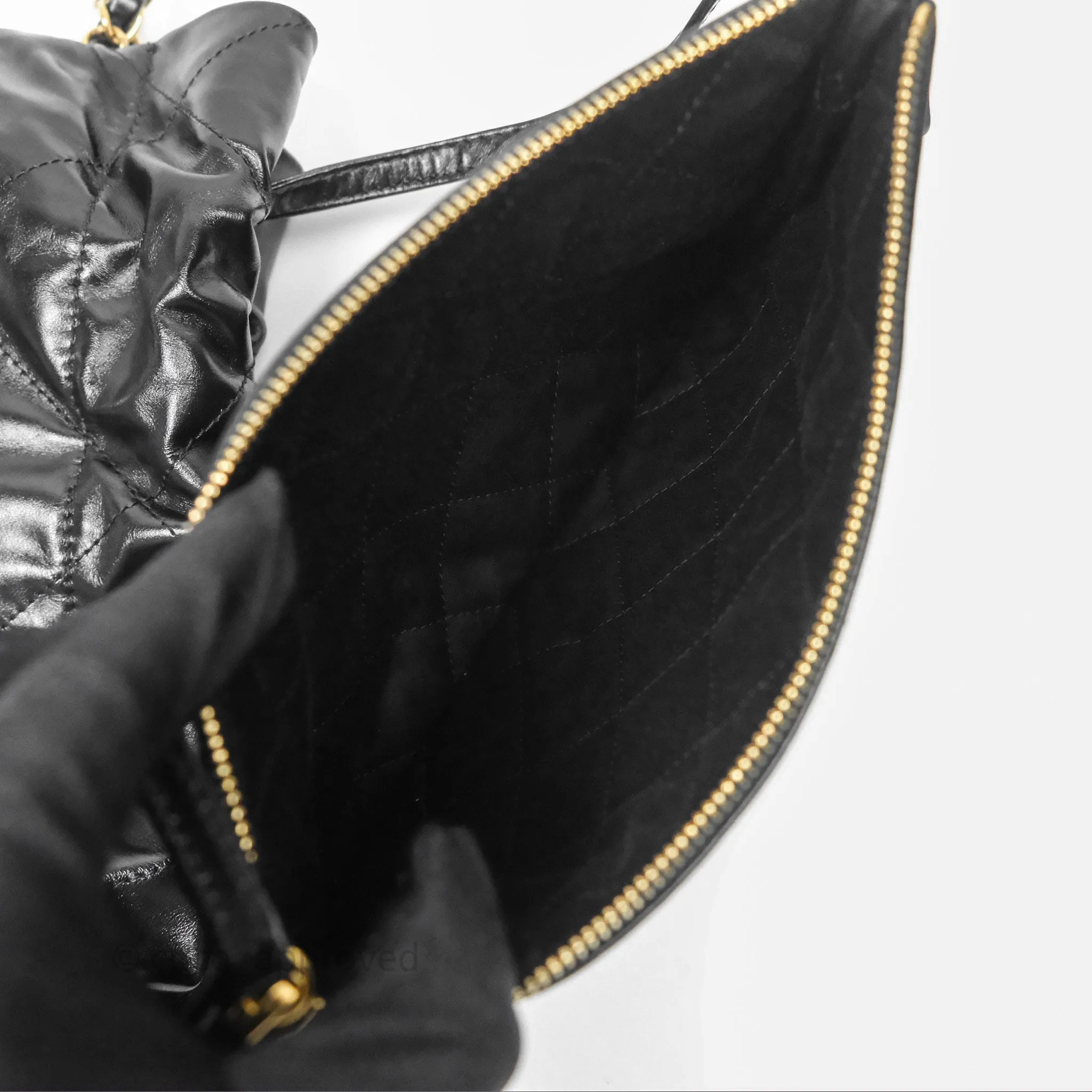 Chanel 22 Bag Small Black Shiny Calfskin Aged Gold Hardware