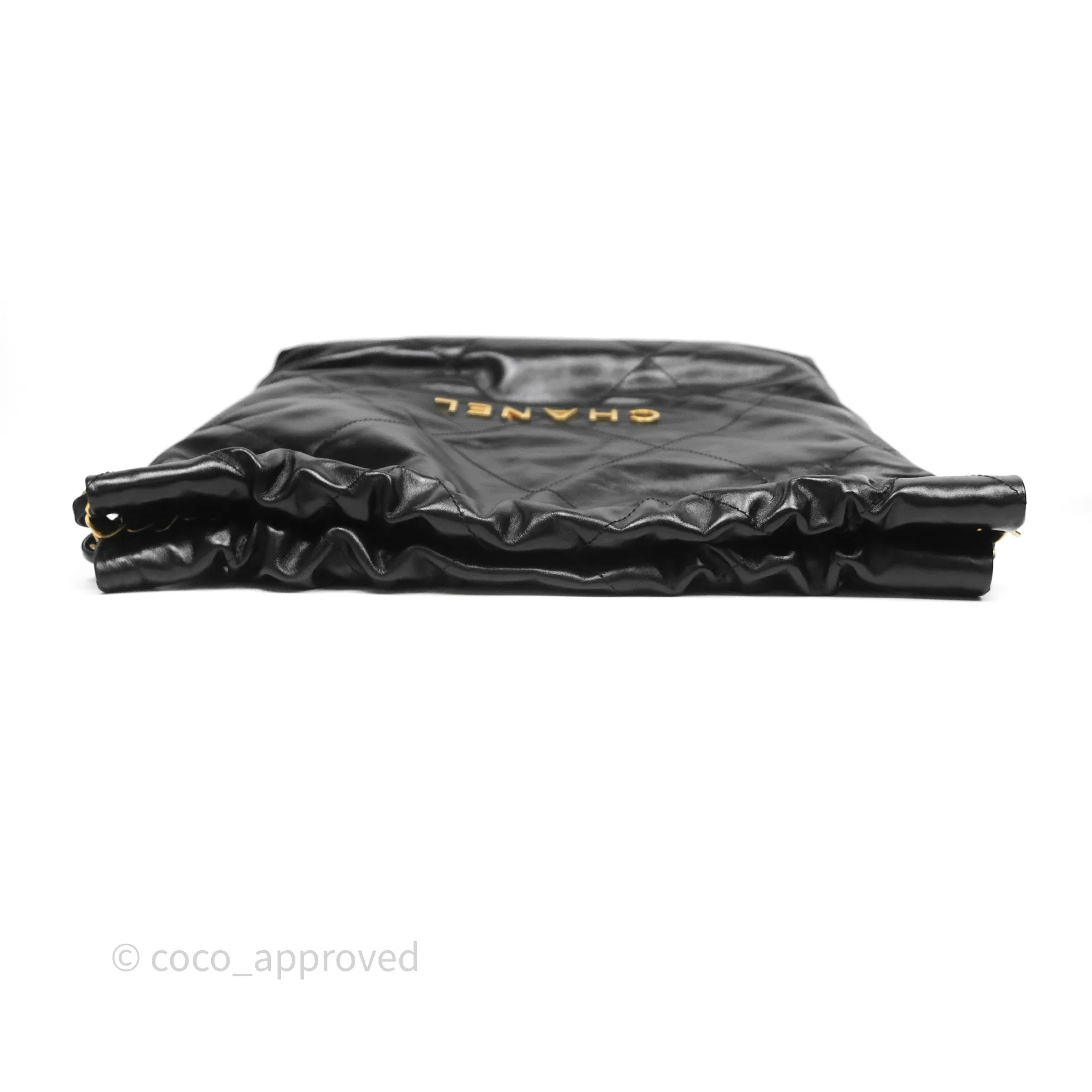 Chanel 22 Bag Small Black Shiny Calfskin Aged Gold Hardware