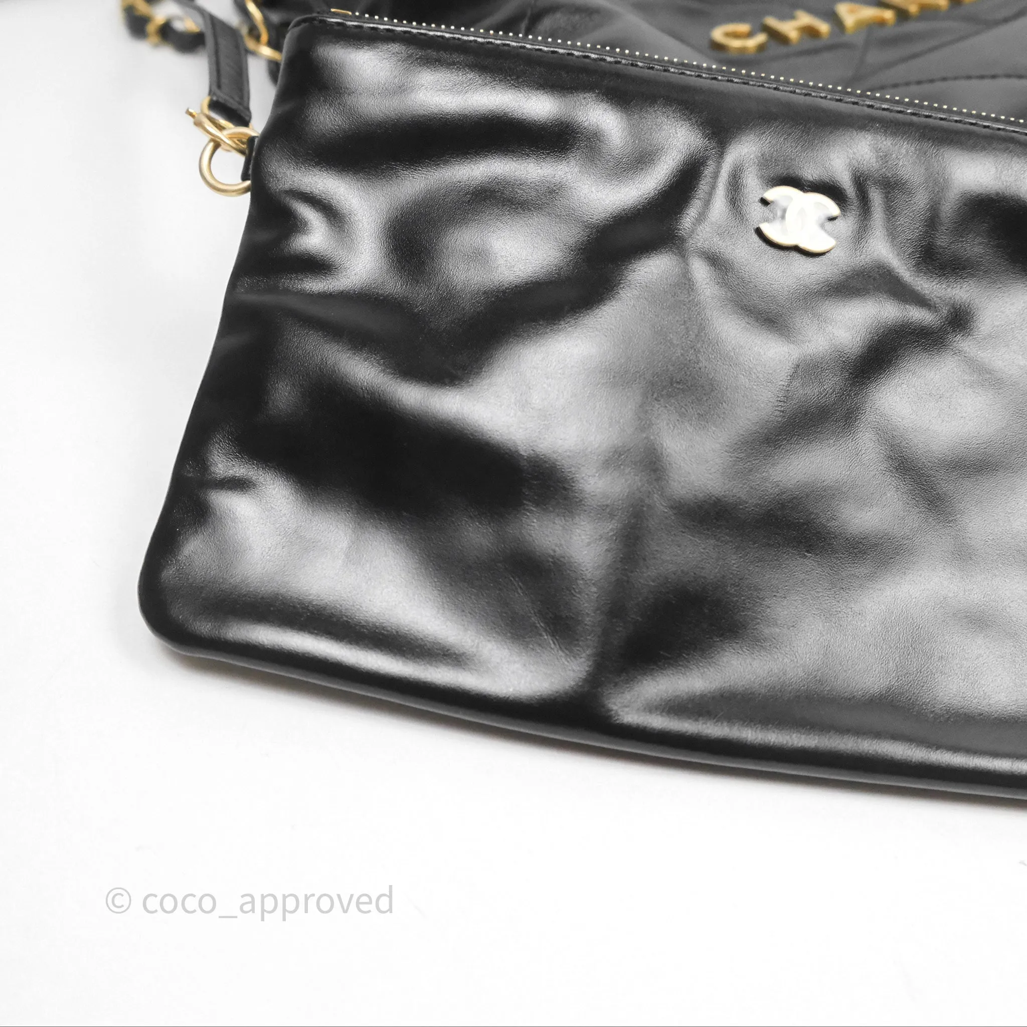 Chanel 22 Bag Small Black Shiny Calfskin Aged Gold Hardware