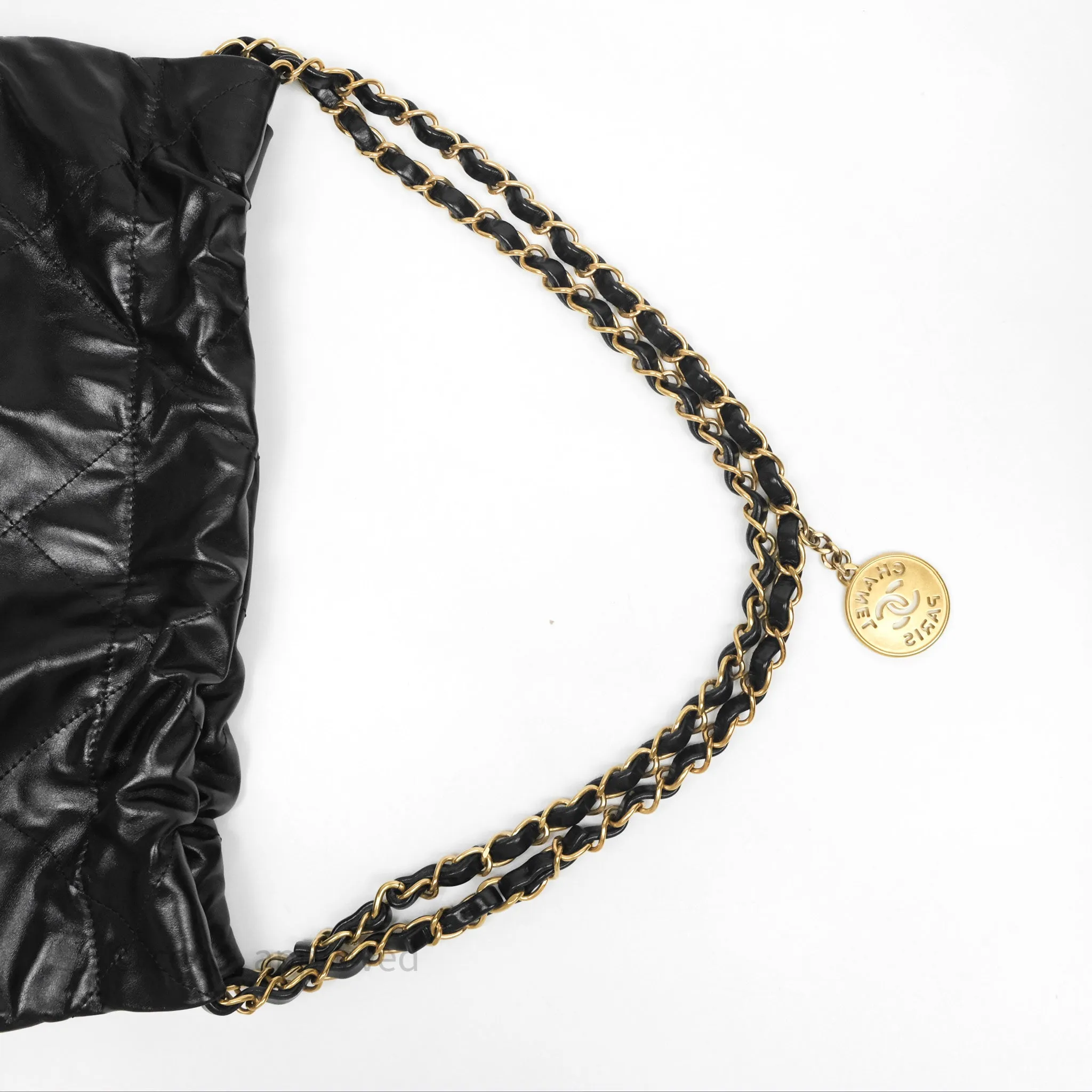 Chanel 22 Bag Small Black Shiny Calfskin Aged Gold Hardware