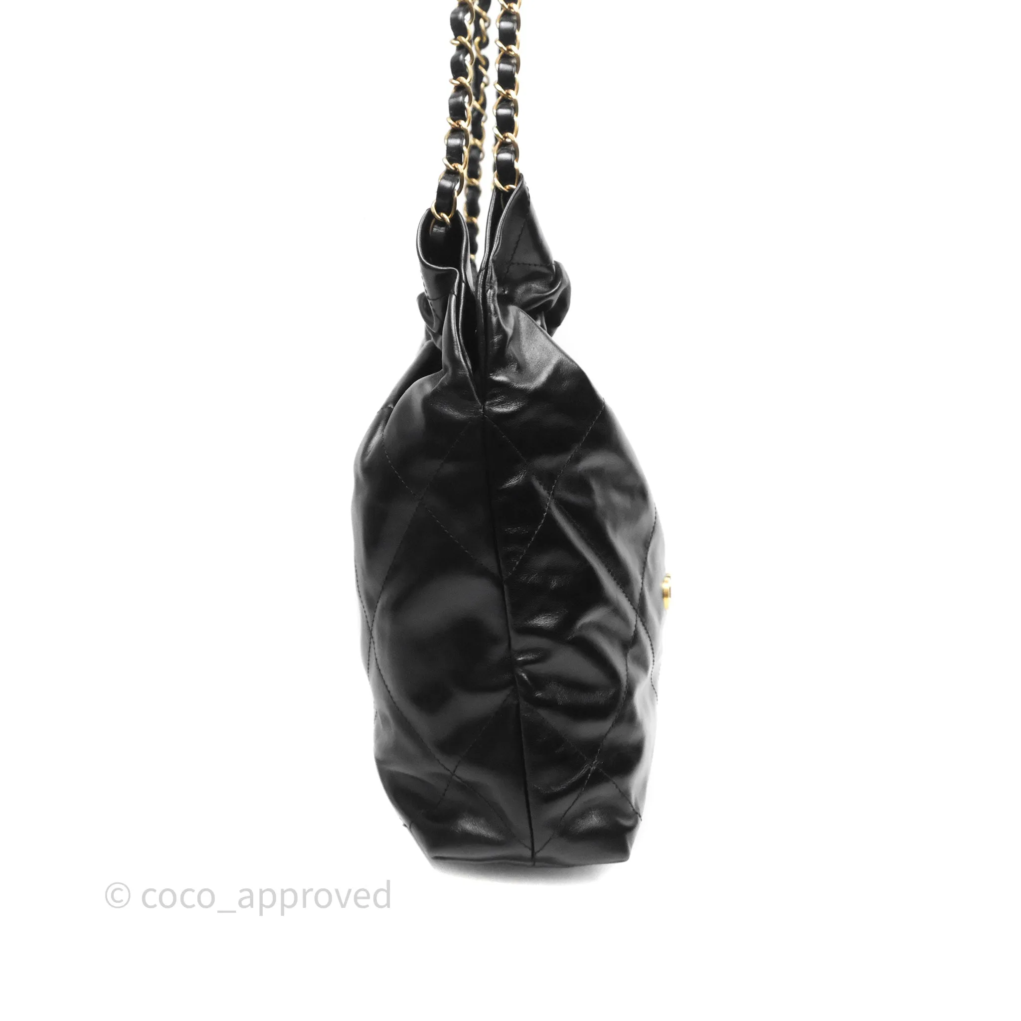 Chanel 22 Bag Small Black Shiny Calfskin Aged Gold Hardware