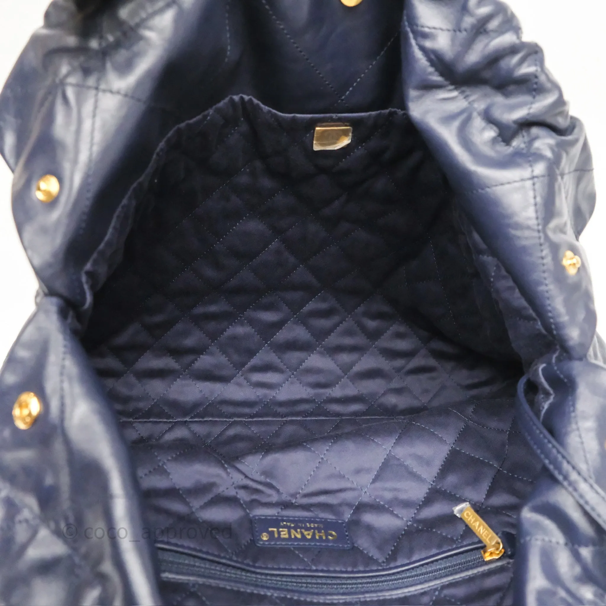 Chanel 22 Medium Navy Shiny Calfskin Aged Gold Hardware
