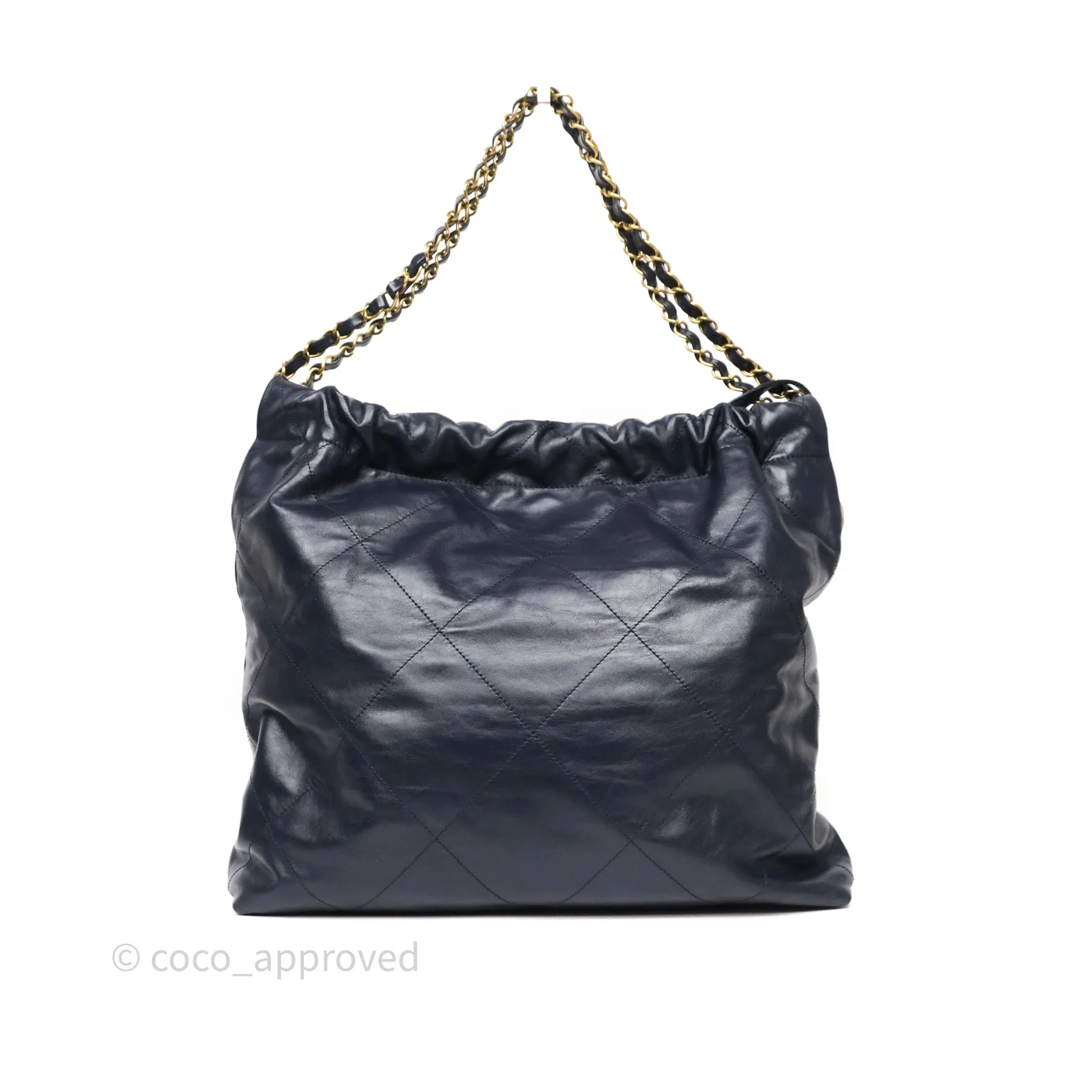 Chanel 22 Medium Navy Shiny Calfskin Aged Gold Hardware
