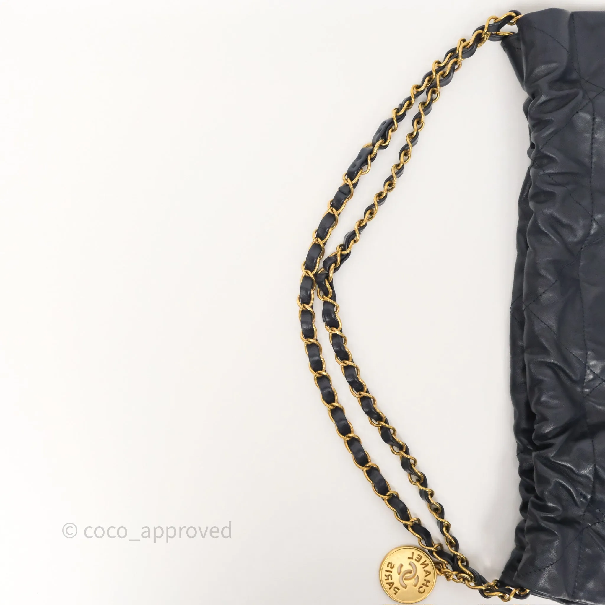 Chanel 22 Medium Navy Shiny Calfskin Aged Gold Hardware