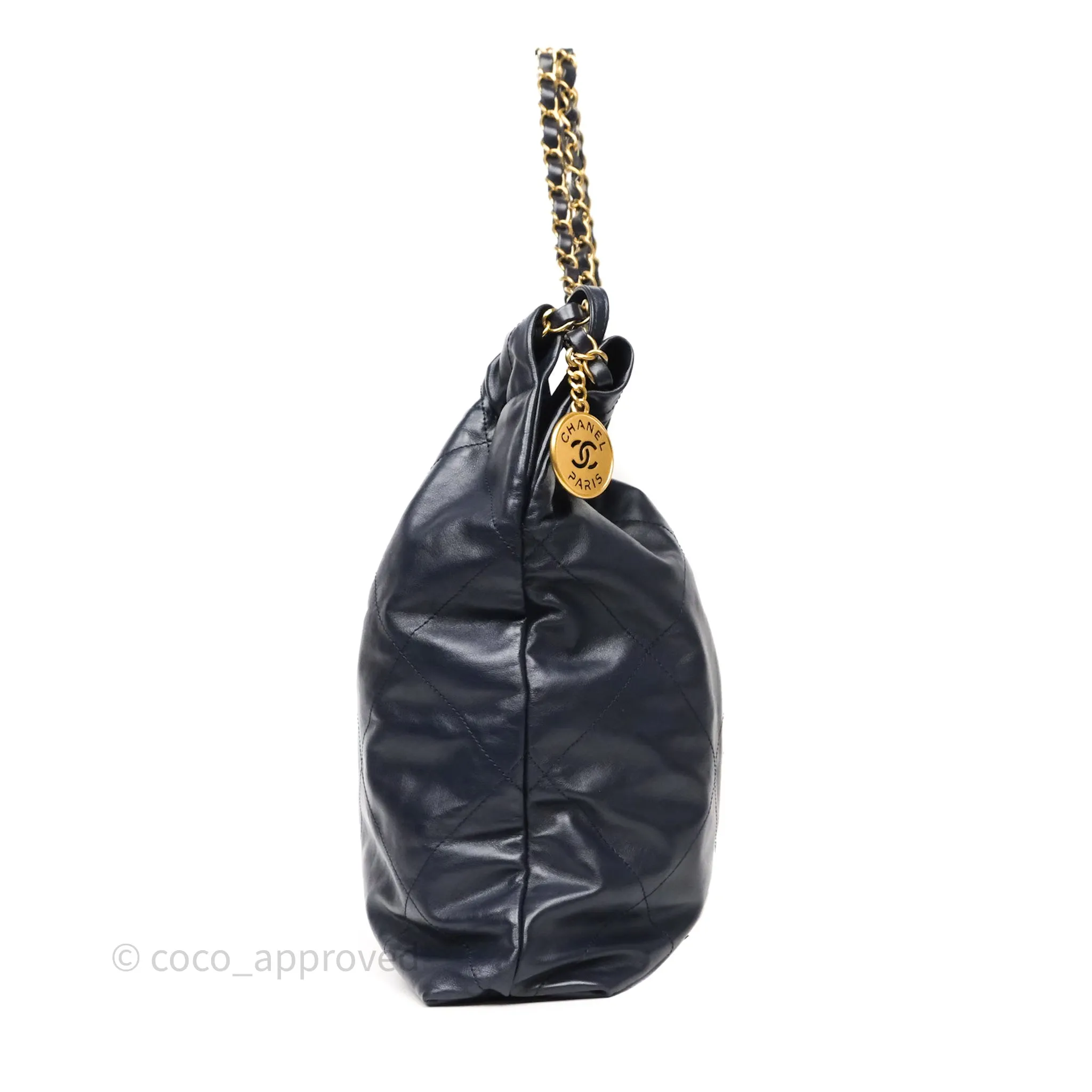 Chanel 22 Medium Navy Shiny Calfskin Aged Gold Hardware
