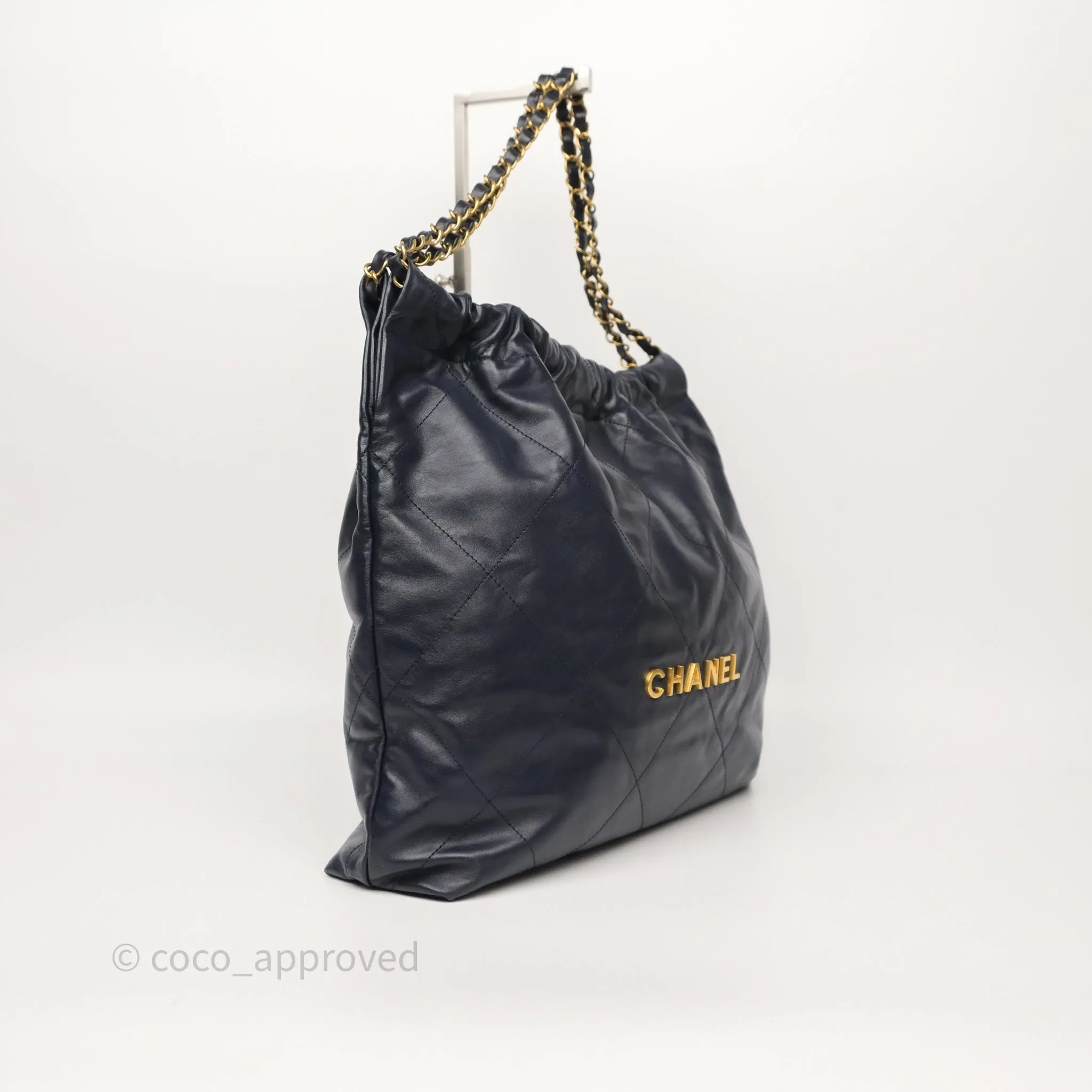 Chanel 22 Medium Navy Shiny Calfskin Aged Gold Hardware