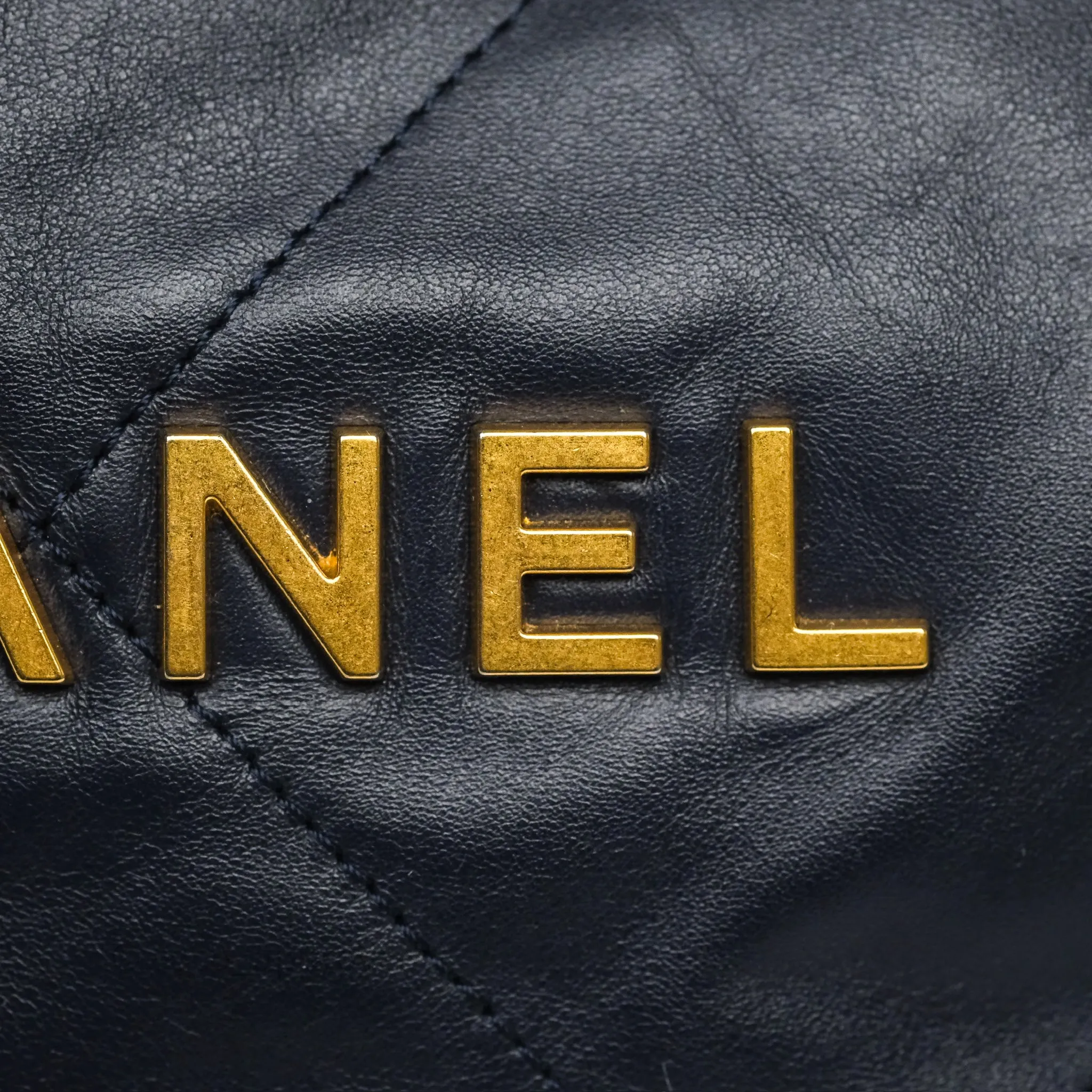 Chanel 22 Medium Navy Shiny Calfskin Aged Gold Hardware