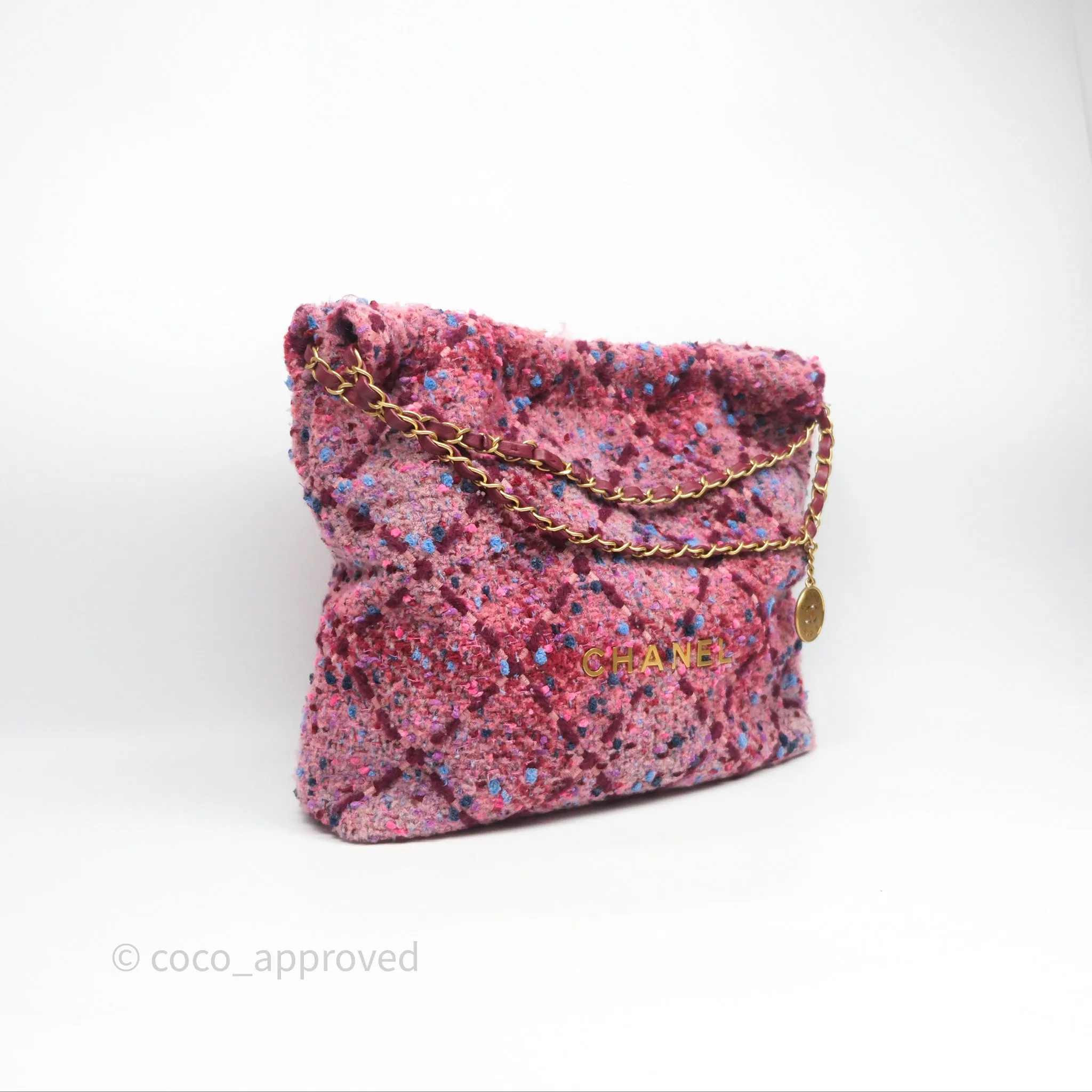 Chanel 22 Medium Tweed Pink Aged Gold Hardware