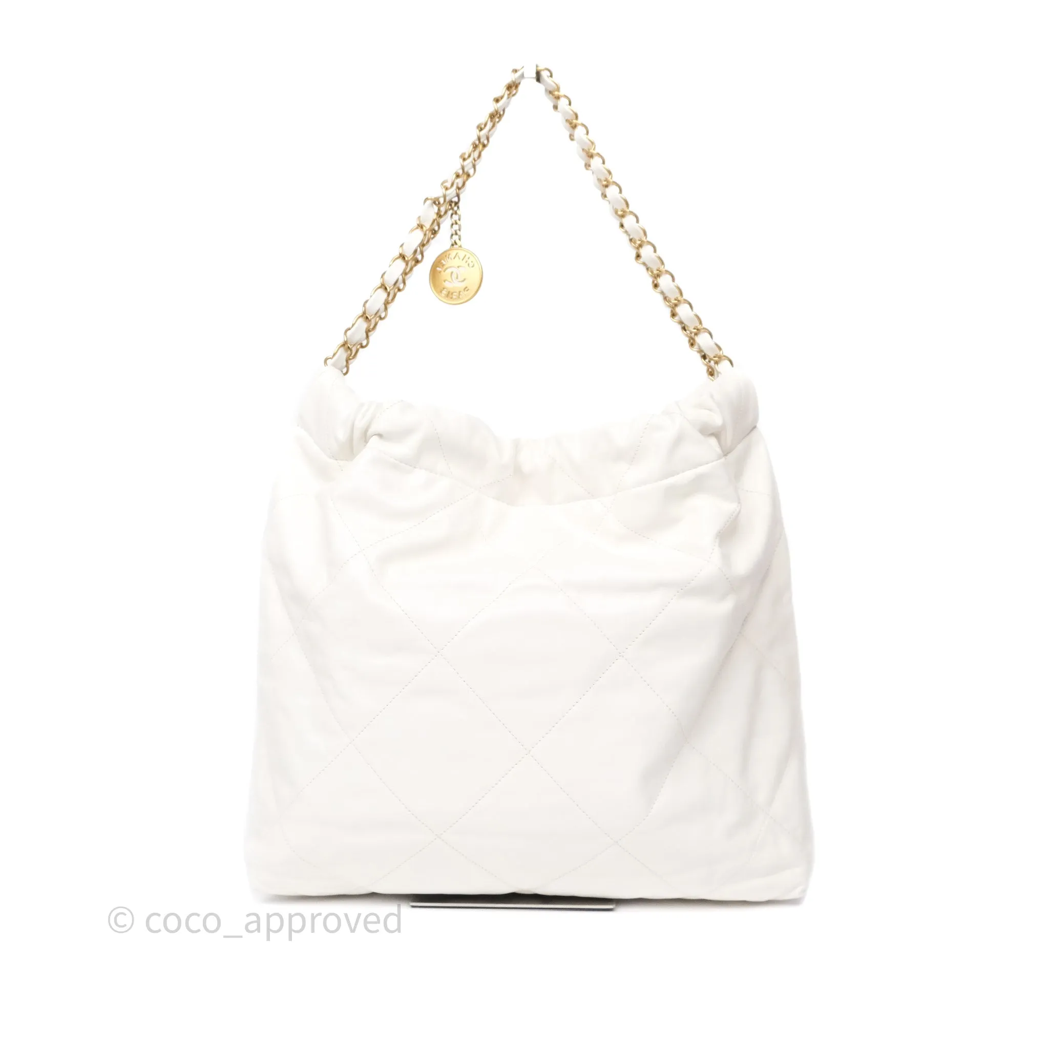 Chanel 22 Medium White Shiny Crumpled Calfskin Aged Gold Hardware