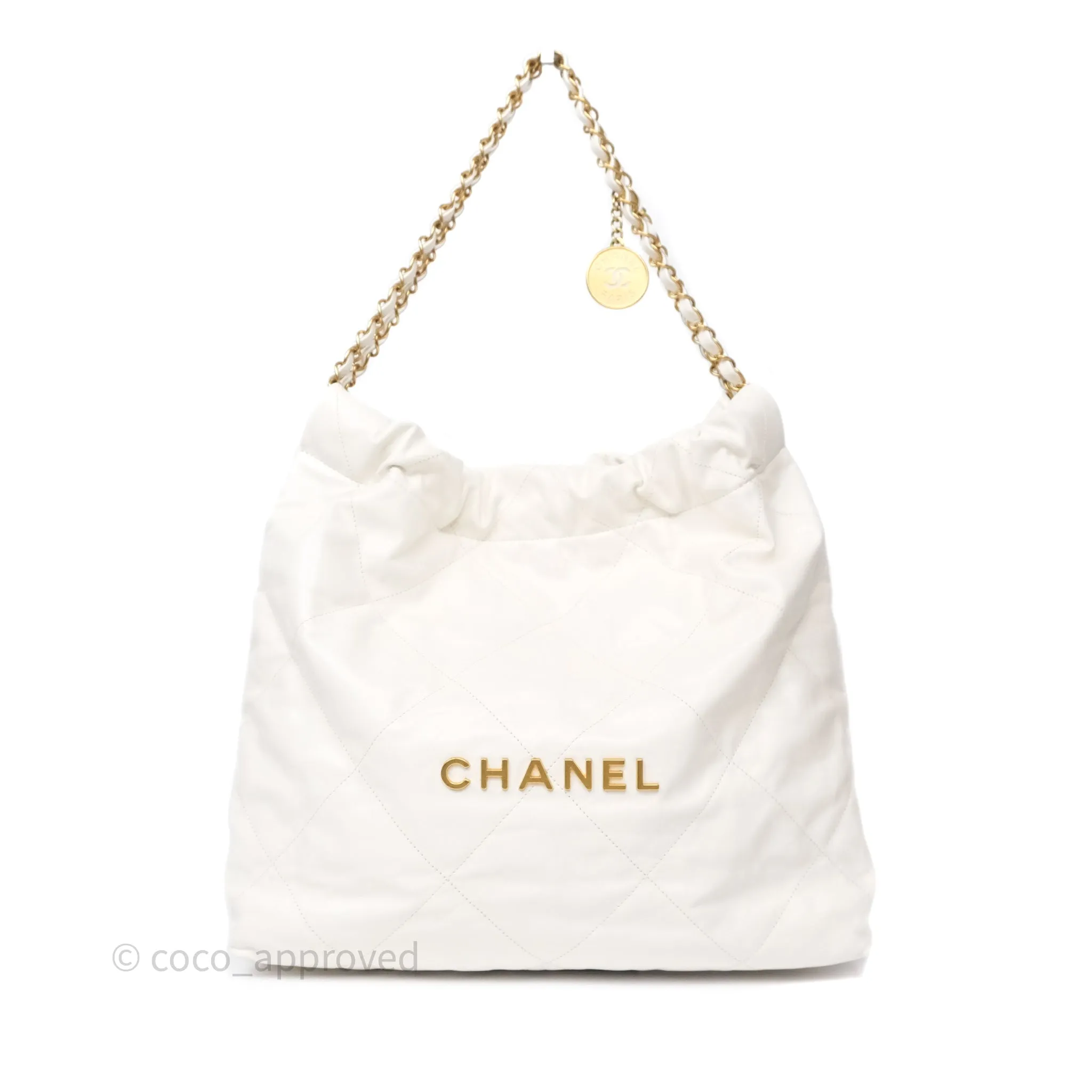 Chanel 22 Medium White Shiny Crumpled Calfskin Aged Gold Hardware