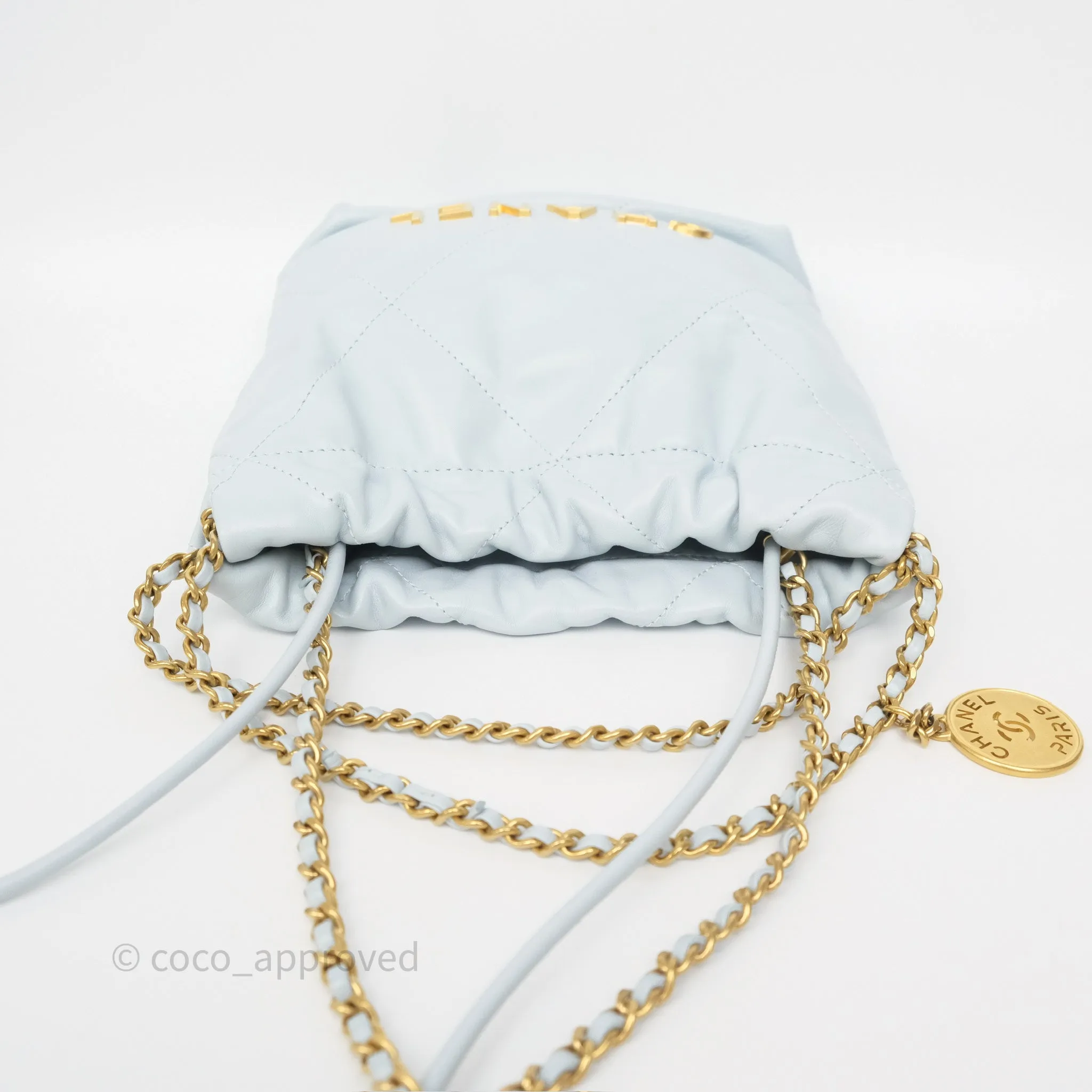 Chanel 22 Mini Bag Light Blue Shiny Crumpled Calfskin