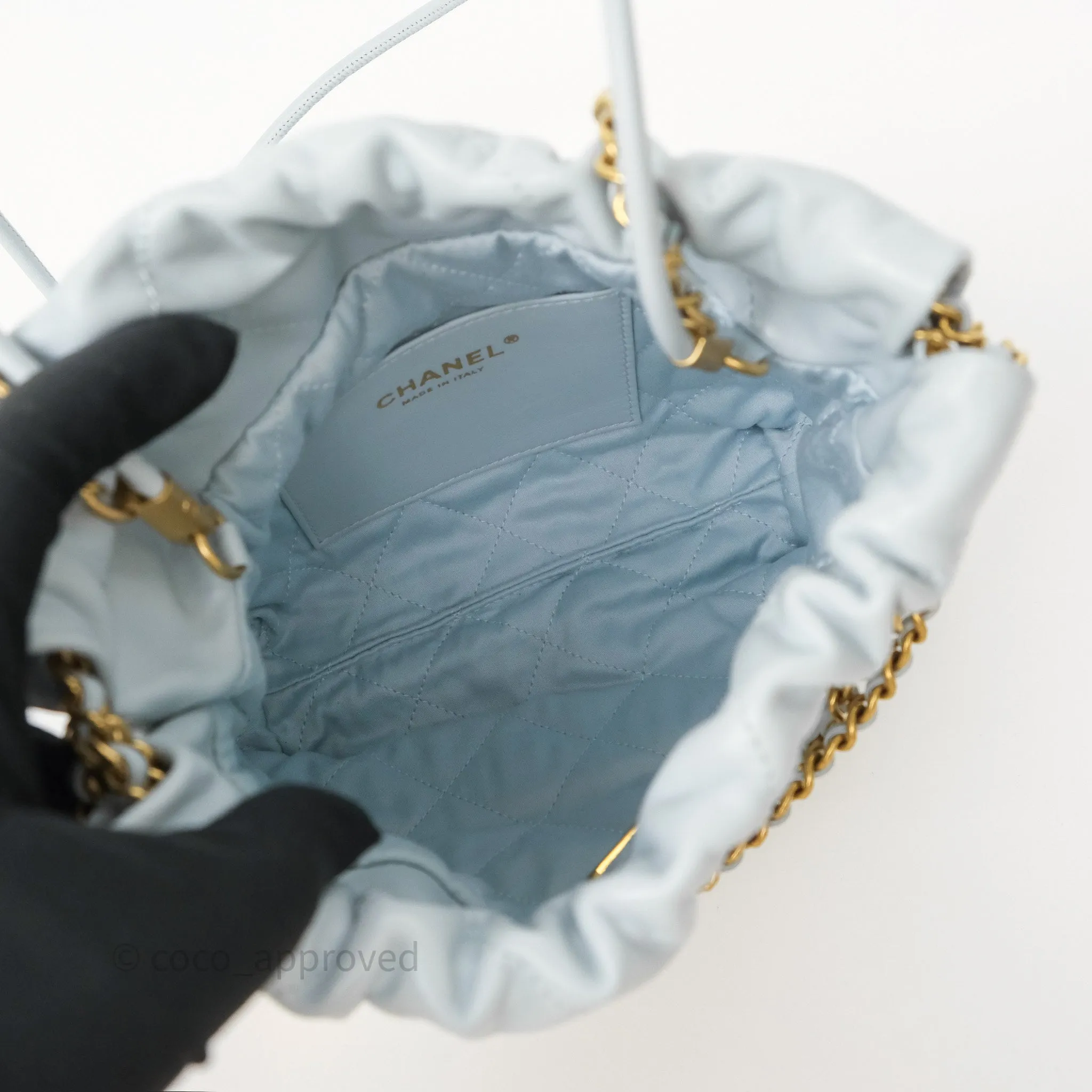 Chanel 22 Mini Bag Light Blue Shiny Crumpled Calfskin