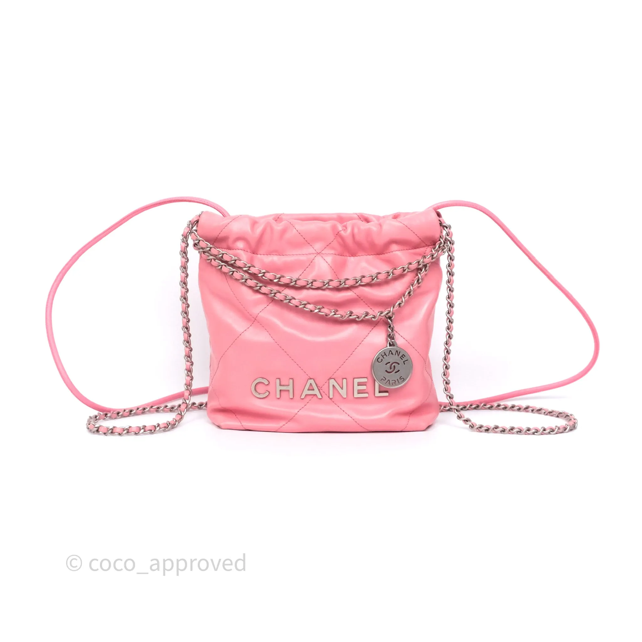 Chanel 22 Mini Bag Pink Shiny Crumpled Calfskin Matte Silver Hardware