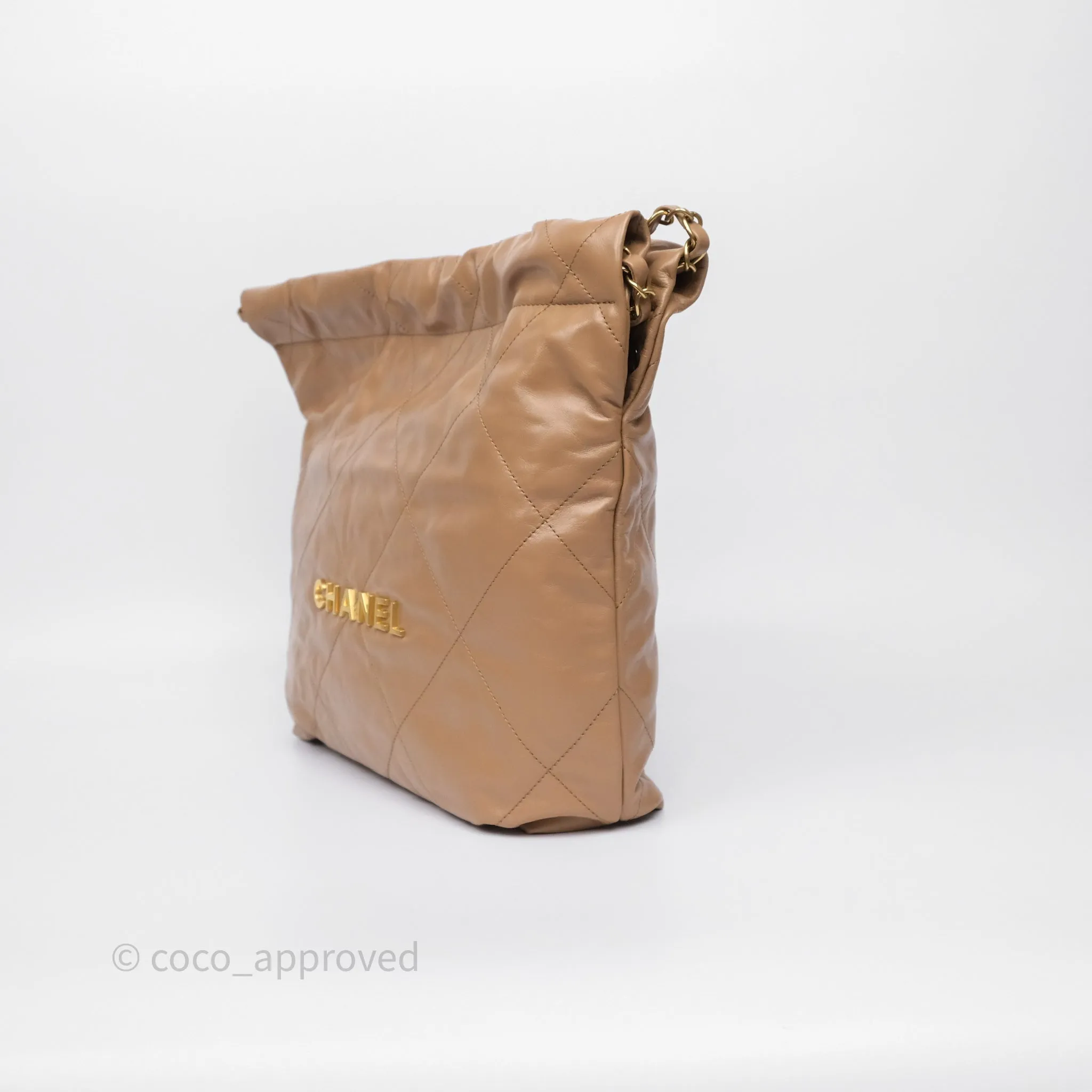 Chanel 22 Small Beige Shiny Calfskin Aged Gold Hardware