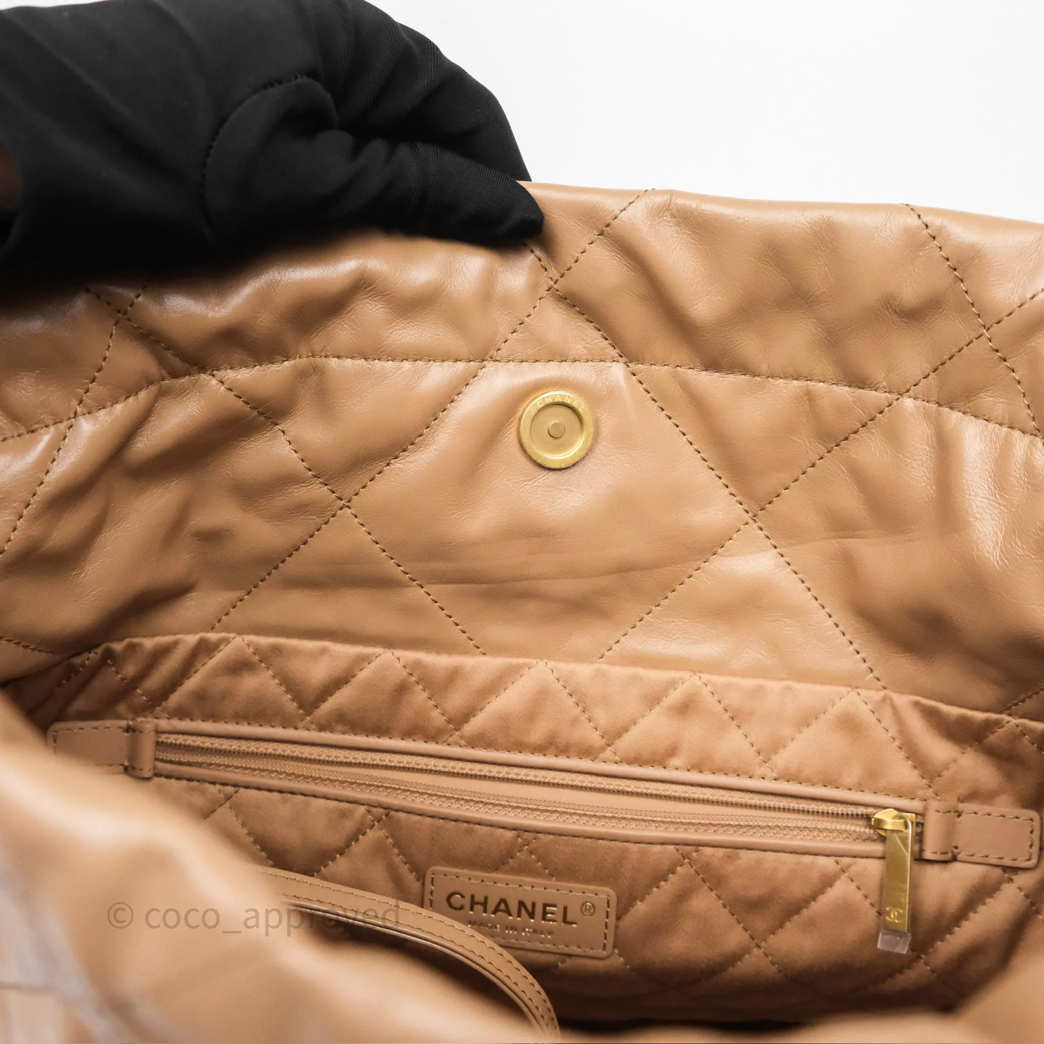 Chanel 22 Small Beige Shiny Calfskin Aged Gold Hardware