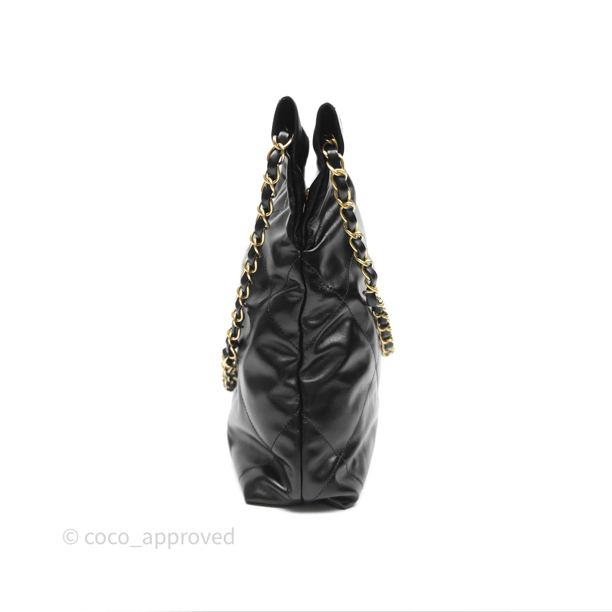 Chanel 22 Small Black Shiny Calfskin Aged Gold Hardware