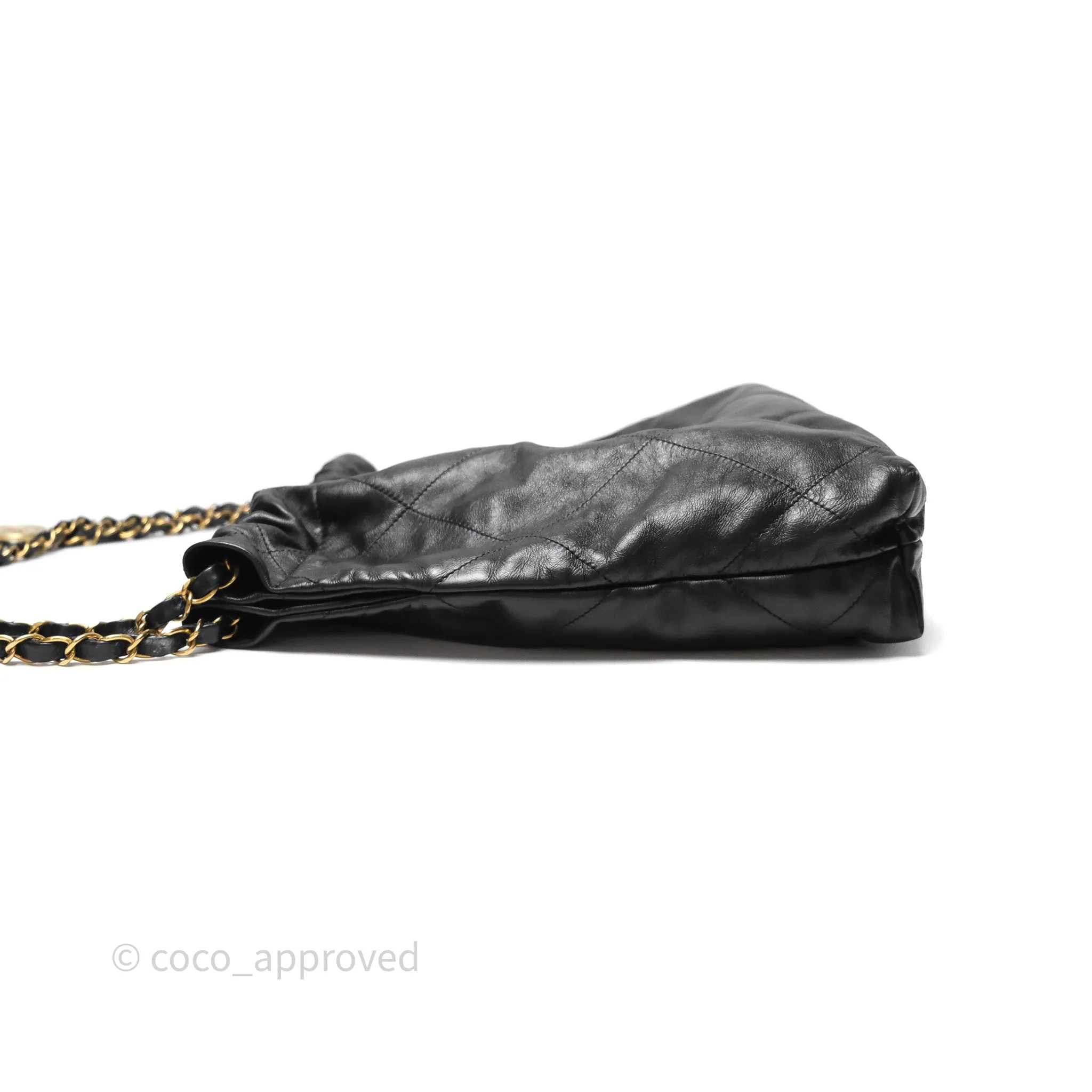 Chanel 22 Small Black Shiny Calfskin Aged Gold Hardware