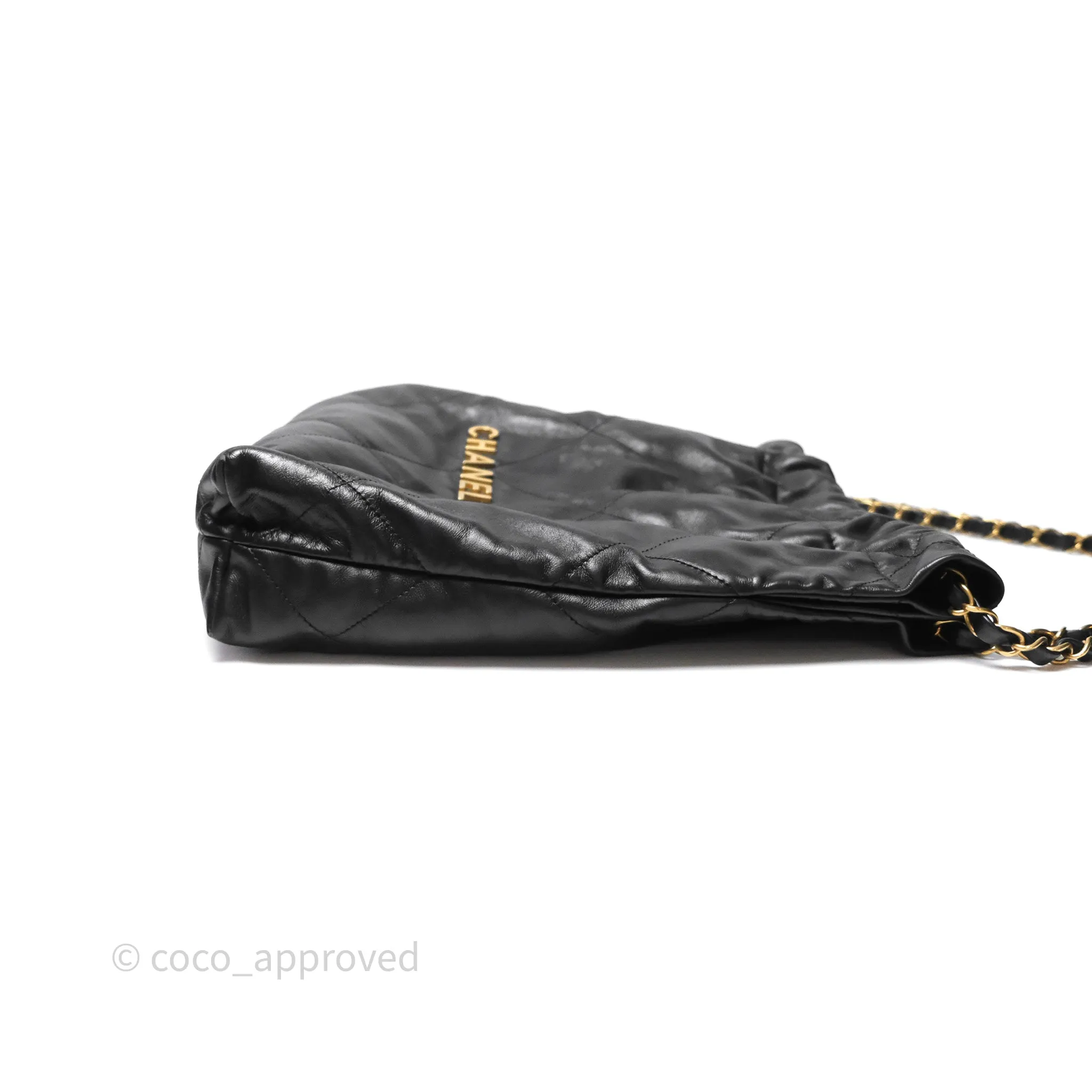 Chanel 22 Small Black Shiny Calfskin Aged Gold Hardware
