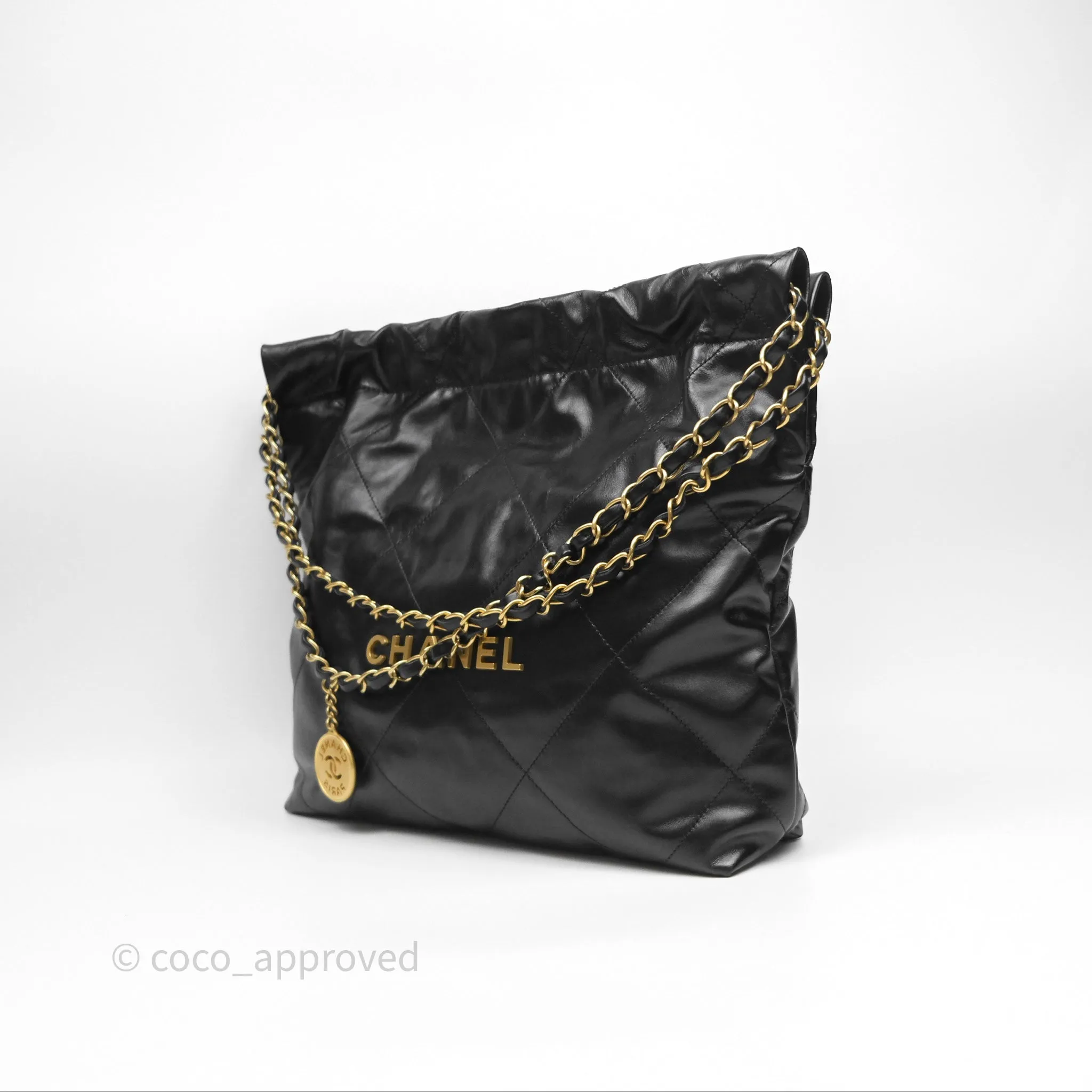 Chanel 22 Small Black Shiny Calfskin Aged Gold Hardware