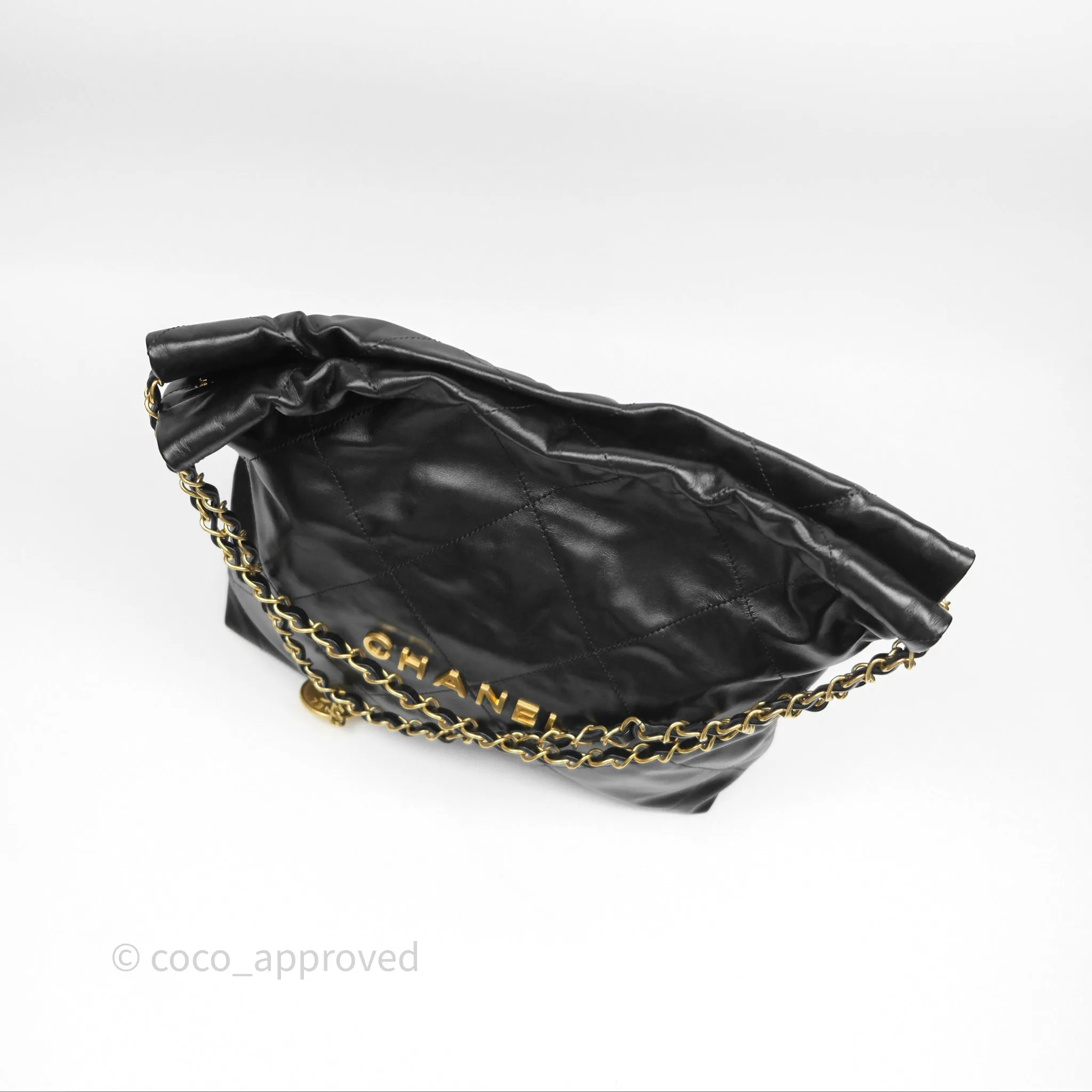 Chanel 22 Small Black Shiny Calfskin Aged Gold Hardware