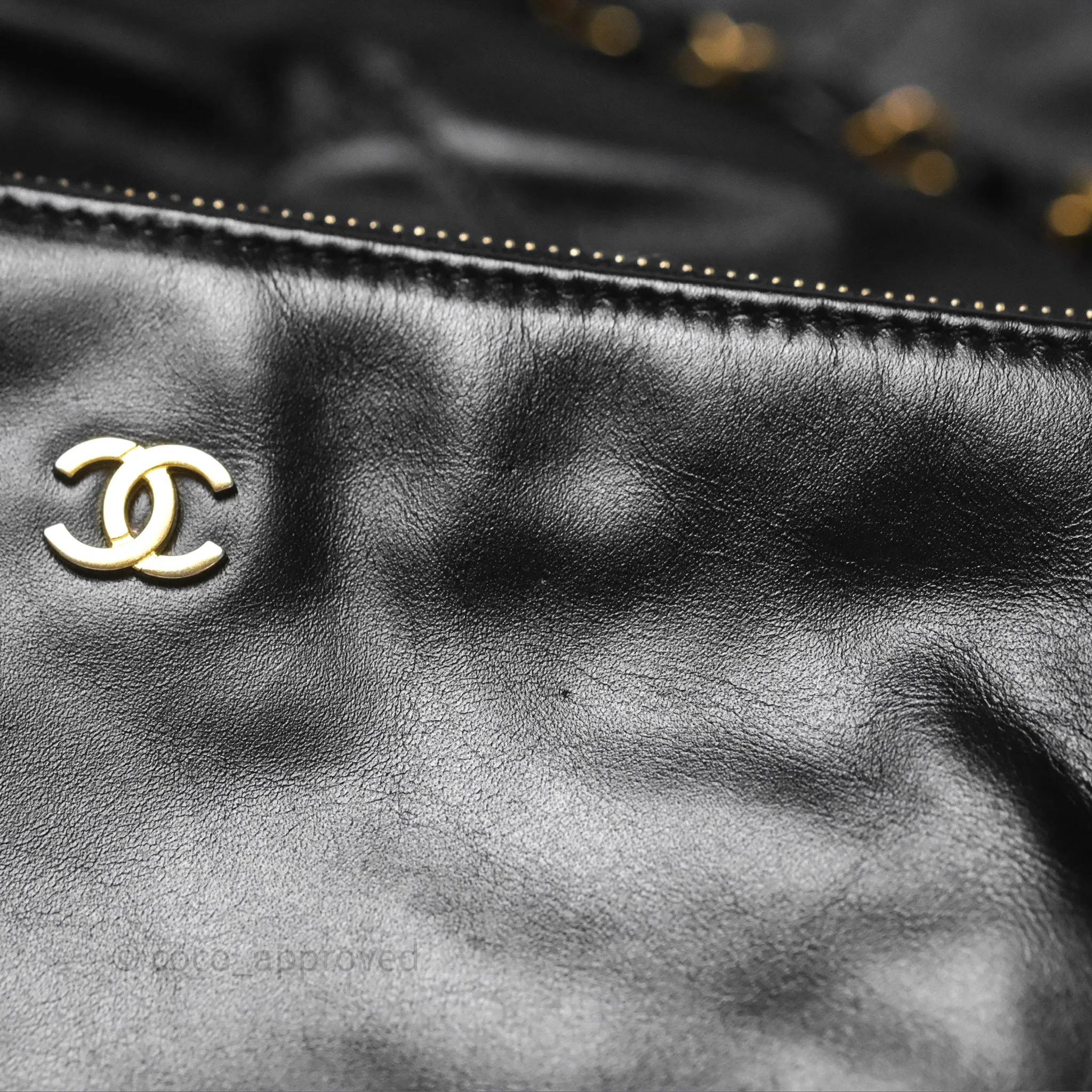 Chanel 22 Small Black Shiny Calfskin Aged Gold Hardware