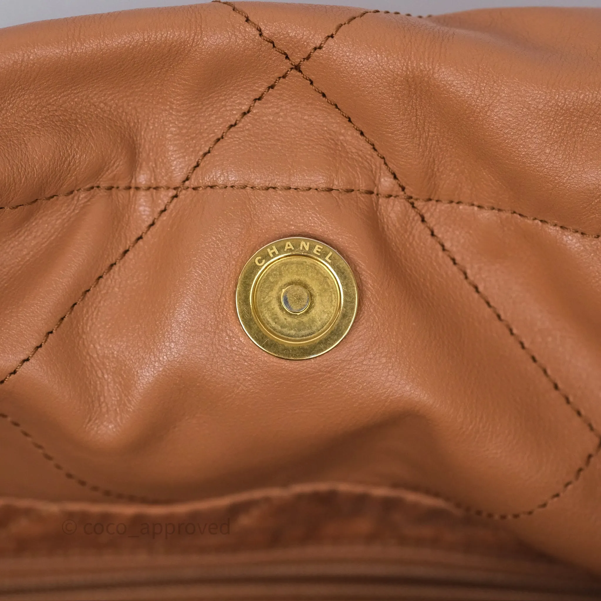 Chanel 22 Small Caramel Beige Shiny Calfskin Aged Gold Hardware