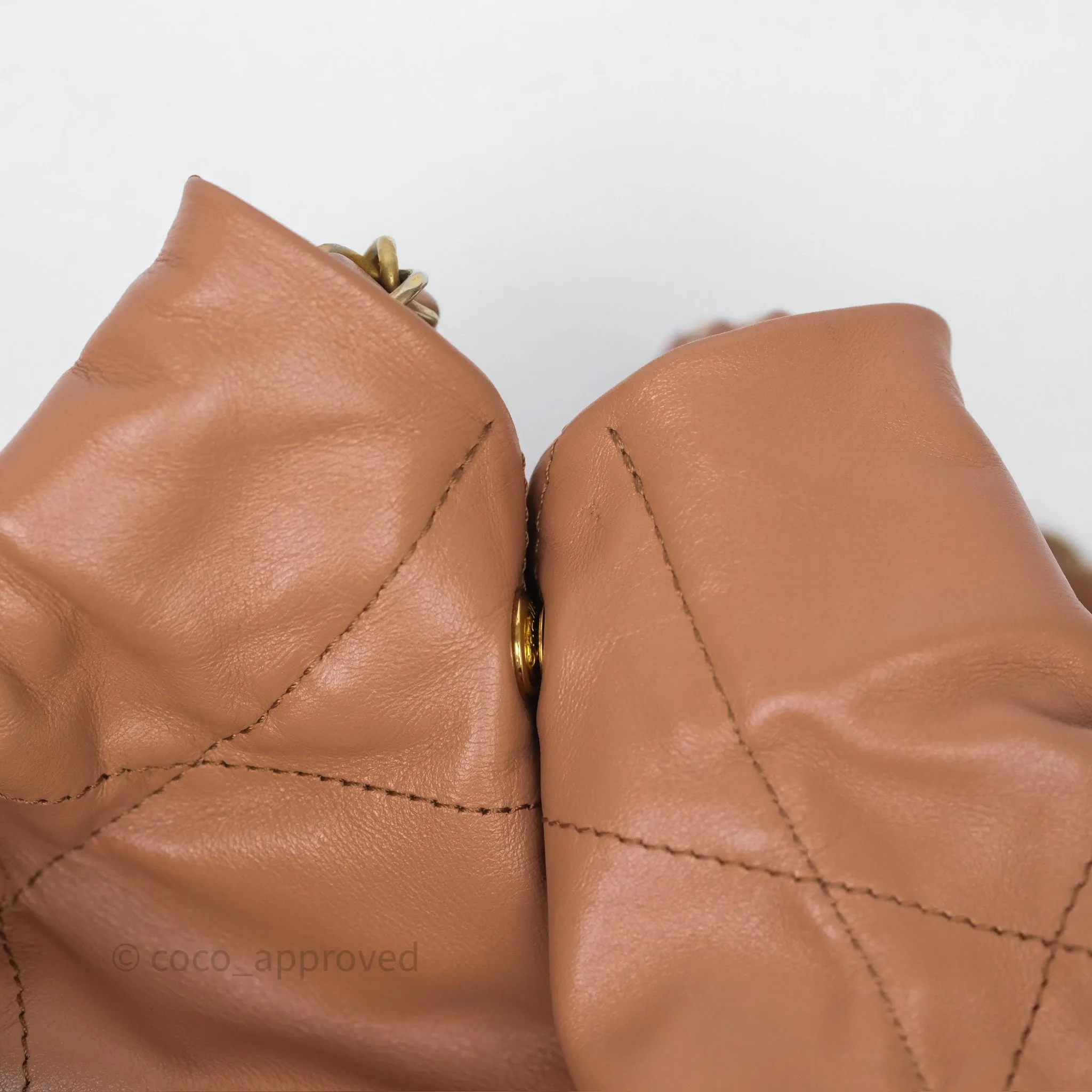 Chanel 22 Small Caramel Beige Shiny Calfskin Aged Gold Hardware