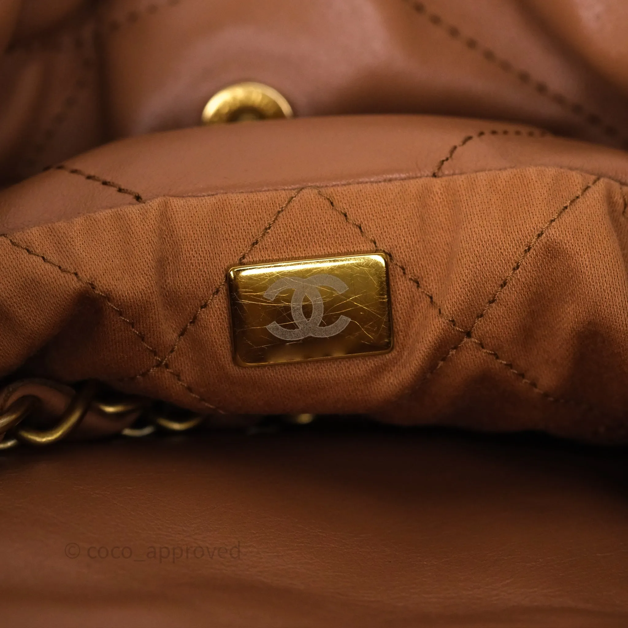 Chanel 22 Small Caramel Beige Shiny Calfskin Aged Gold Hardware