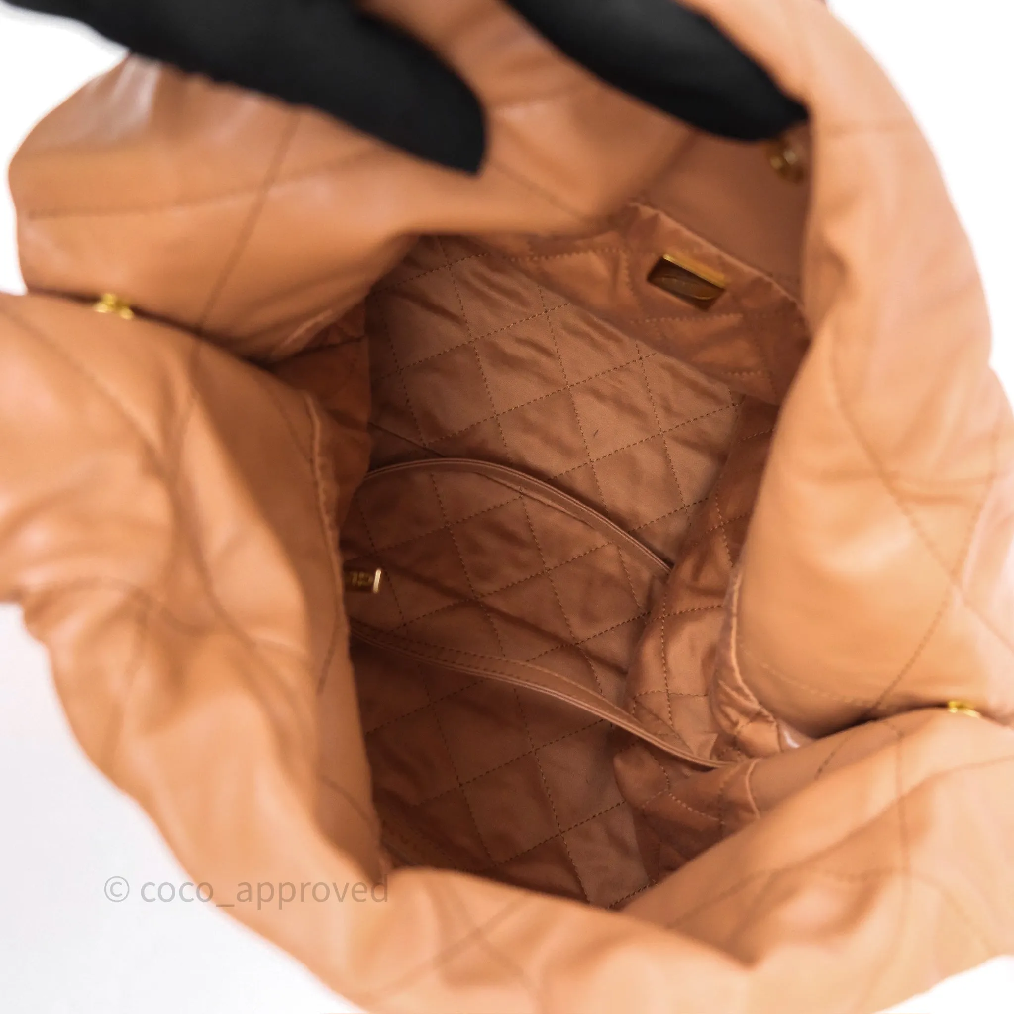 Chanel 22 Small Caramel Beige Shiny Calfskin Aged Gold Hardware