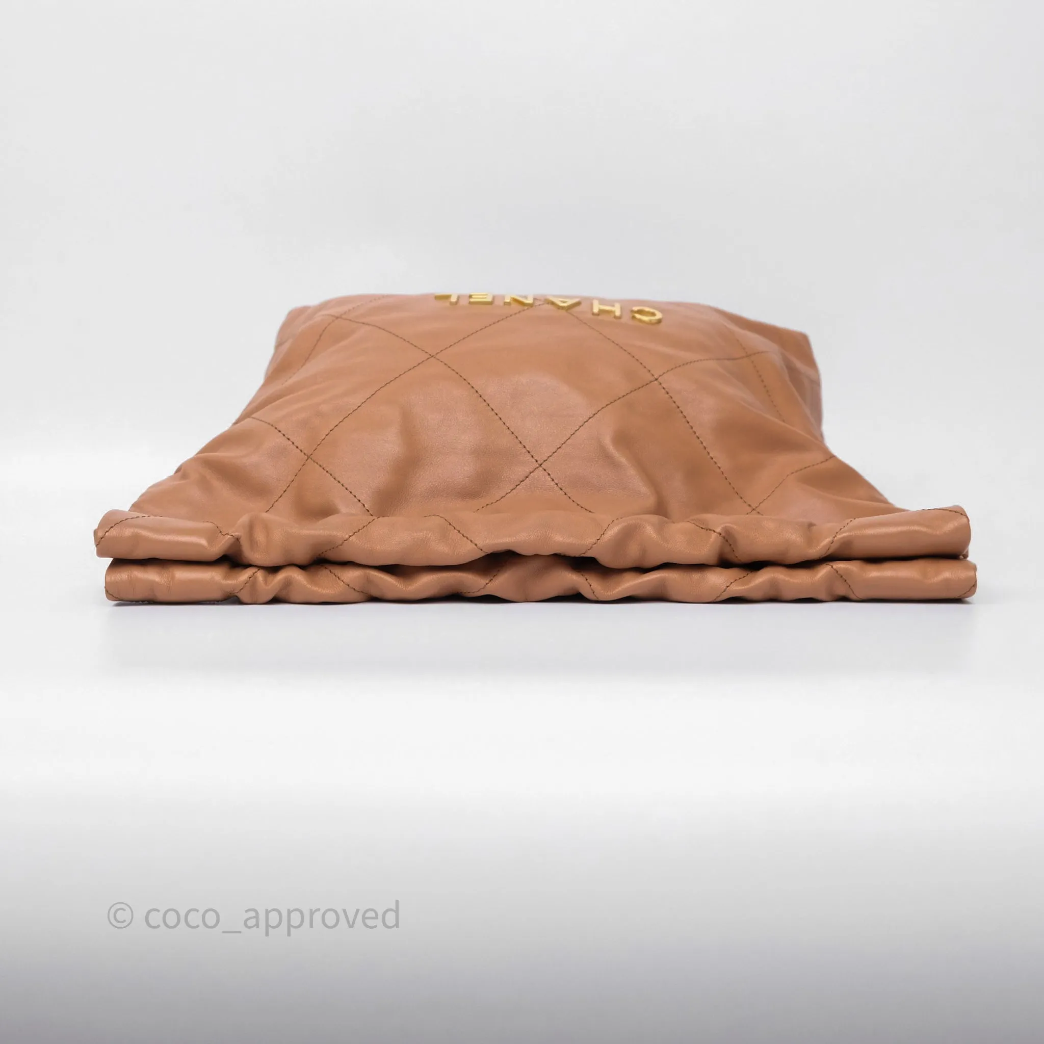 Chanel 22 Small Caramel Beige Shiny Calfskin Aged Gold Hardware