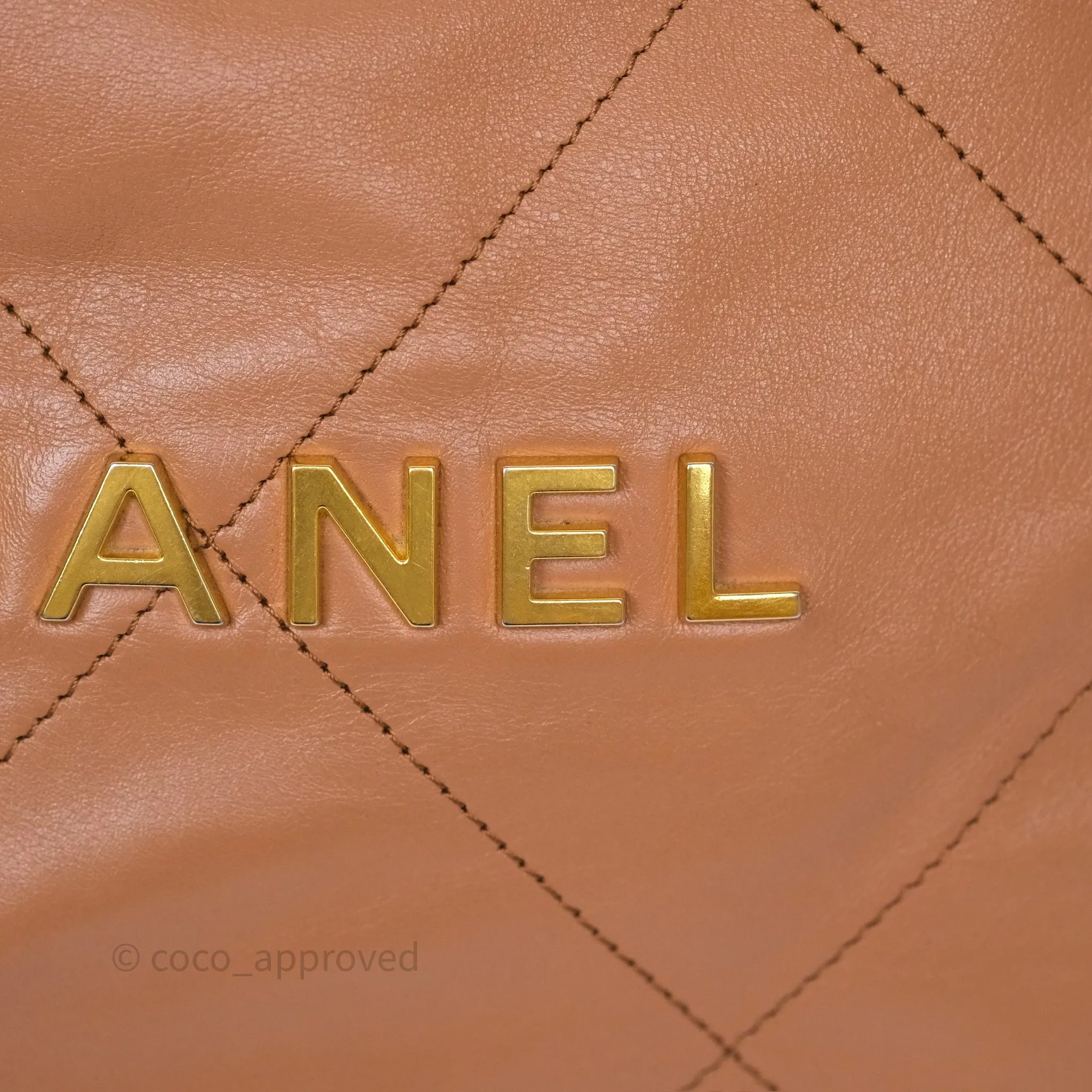 Chanel 22 Small Caramel Beige Shiny Calfskin Aged Gold Hardware