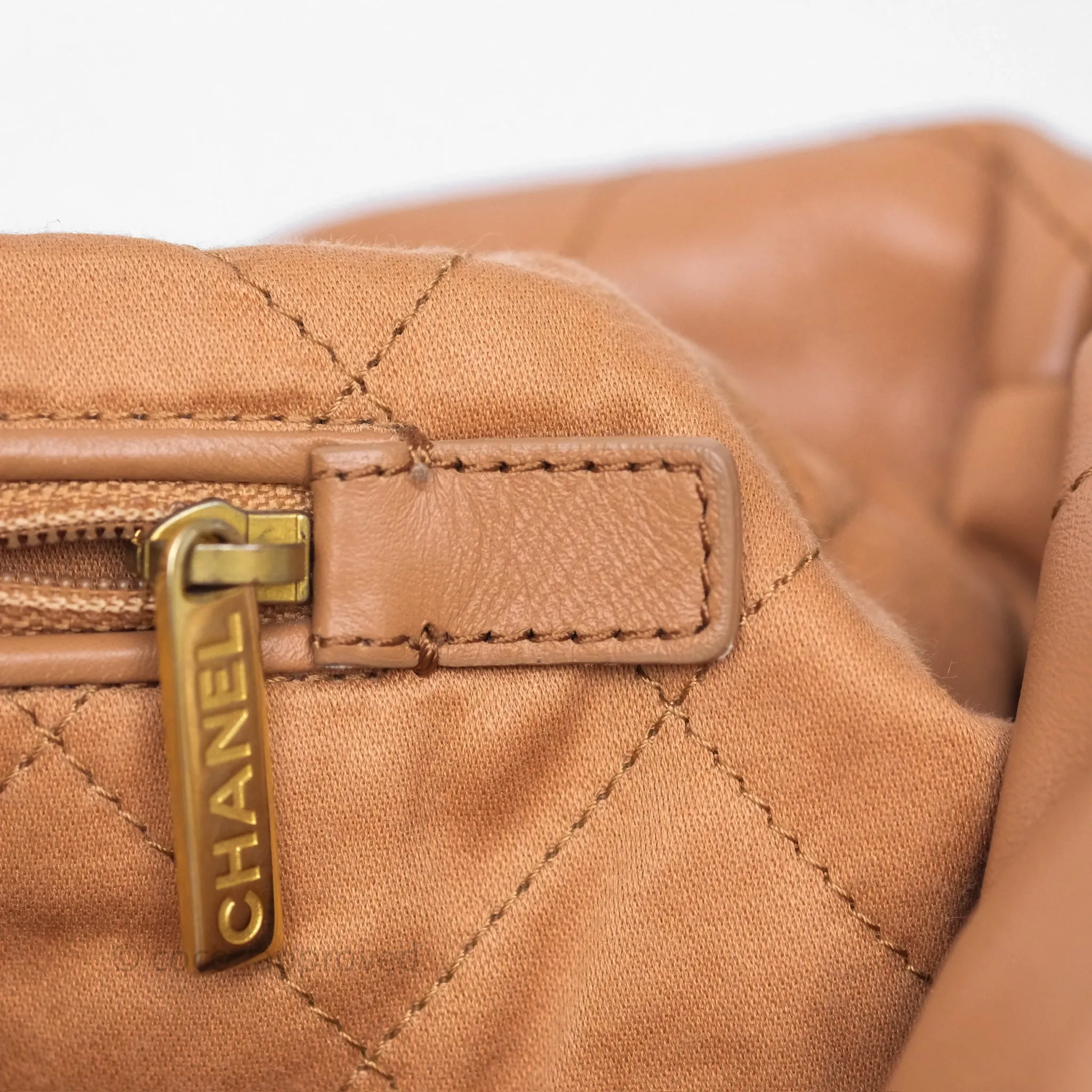 Chanel 22 Small Caramel Beige Shiny Calfskin Aged Gold Hardware