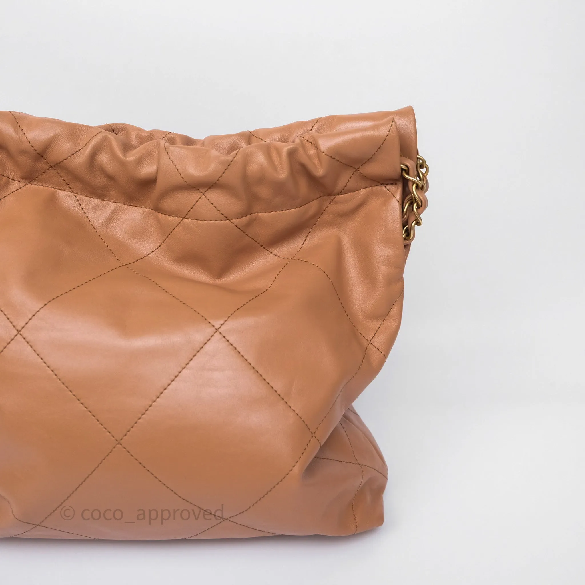 Chanel 22 Small Caramel Beige Shiny Calfskin Aged Gold Hardware
