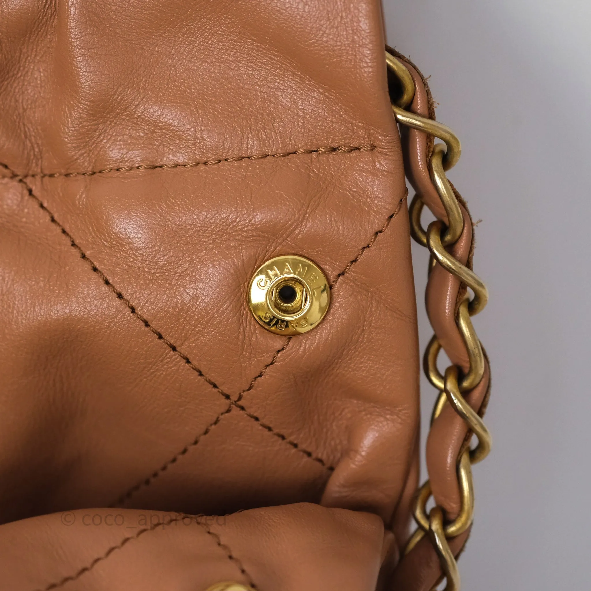 Chanel 22 Small Caramel Beige Shiny Calfskin Aged Gold Hardware